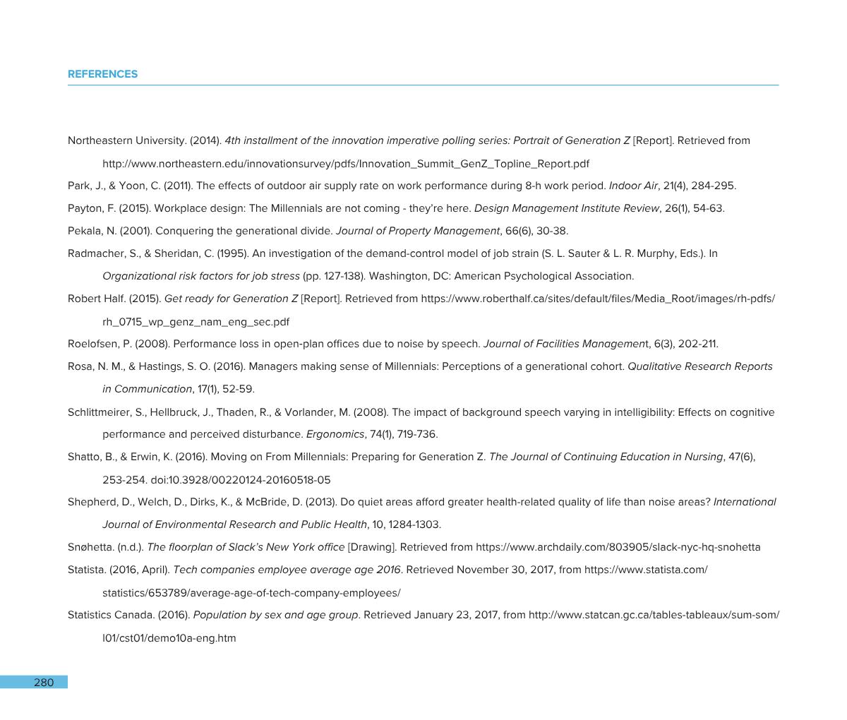 Page of academic references listing various reports, journal articles, and publications related to workplace performance, generation Z, noise in offices, Millennials, background speech, and statistics on demographics, with citations and URLs.