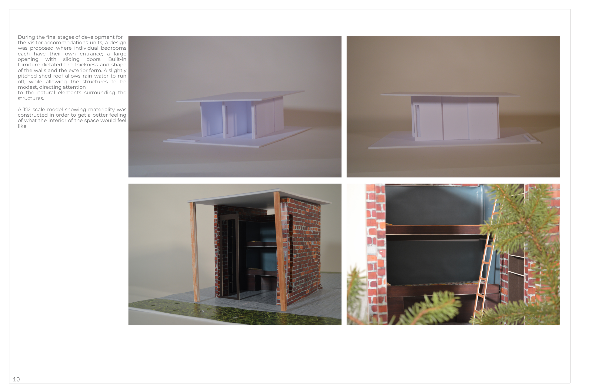 Model of a modern house with brick and wood exterior, featuring an open front with a ladder leaning against the side, surrounded by tree branches.
