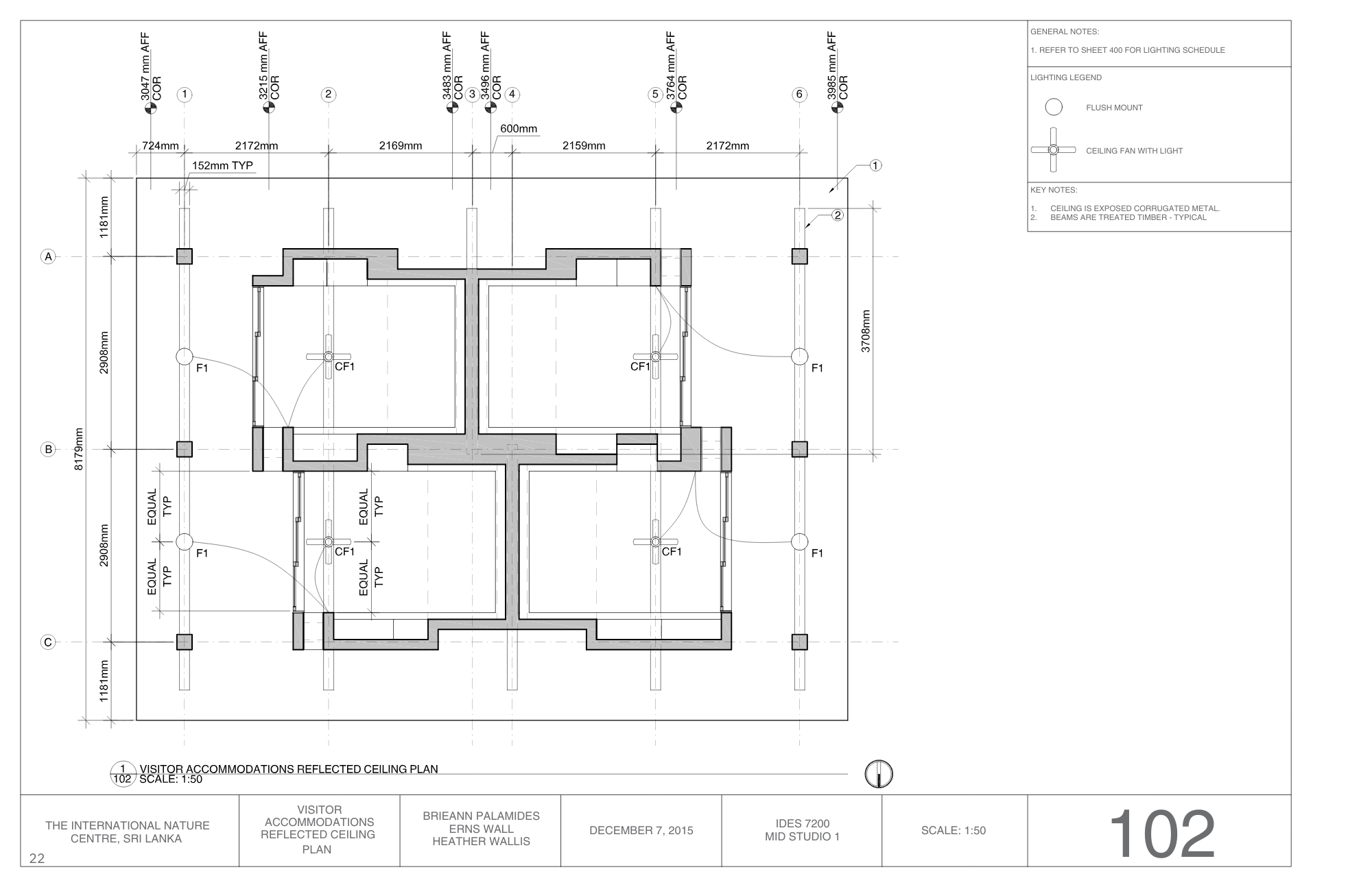 Architectural blueprint of a ceiling plan with measurements, symbols, and notes for a design project.
