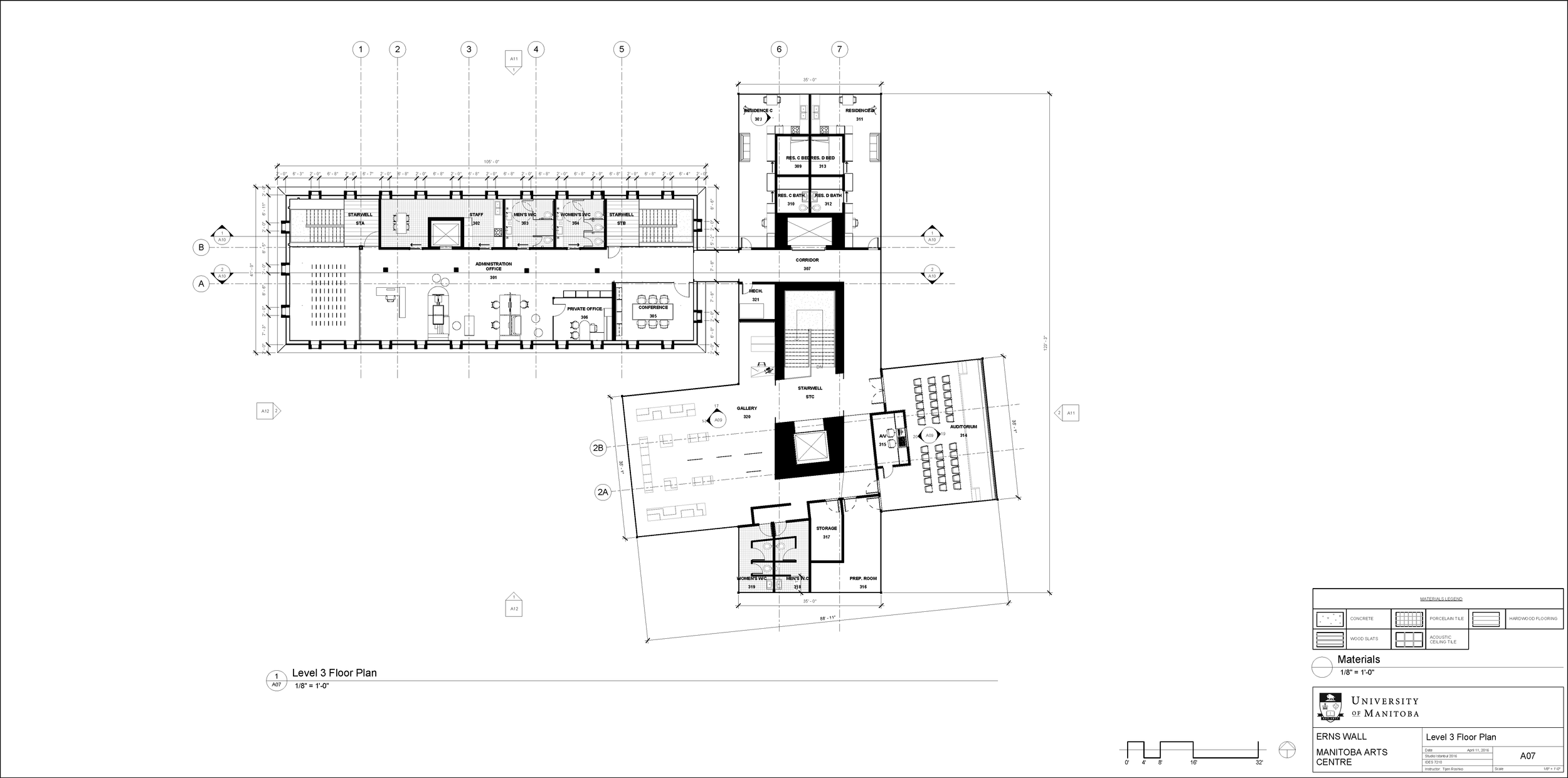 Architectural blueprint of a building's Level 3 floor plan with labeled rooms, corridors, stairs, and labeled materials at the bottom right corner.