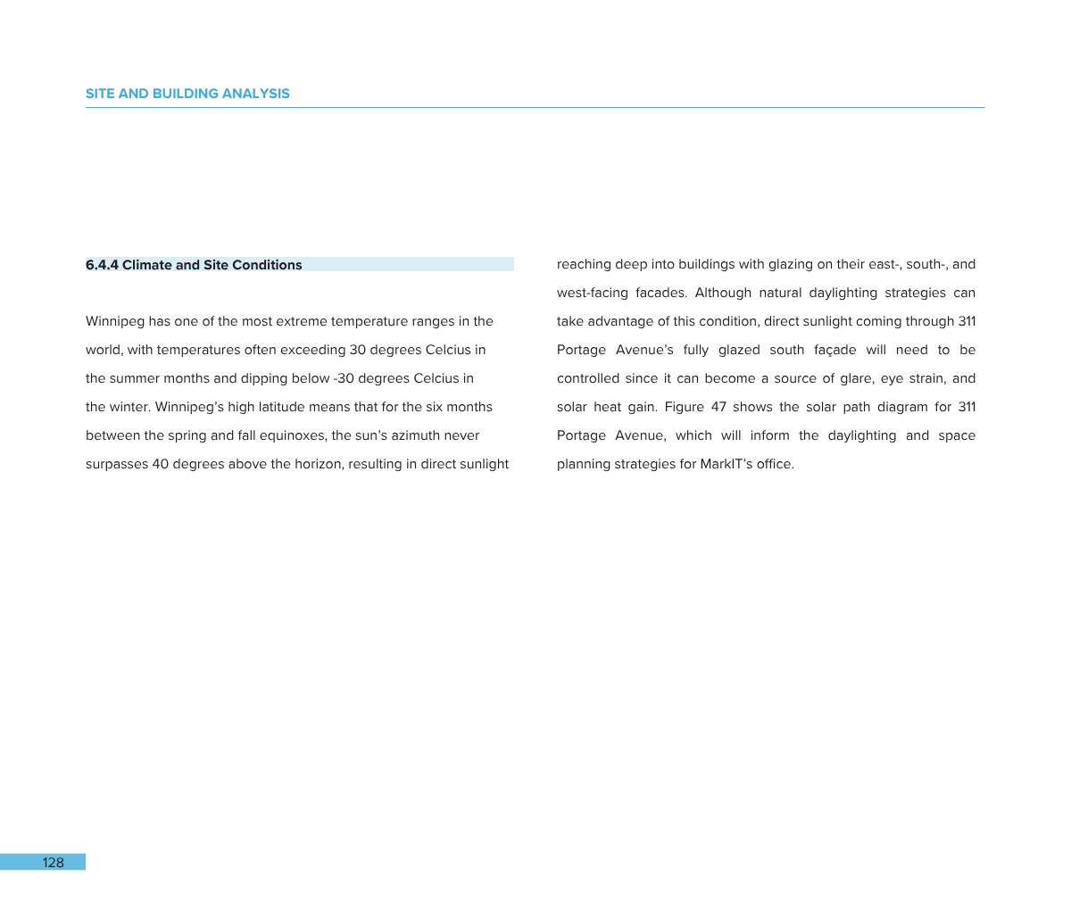 A page from a report or book discussing climate, site conditions, and solar path diagrams related to building analysis.