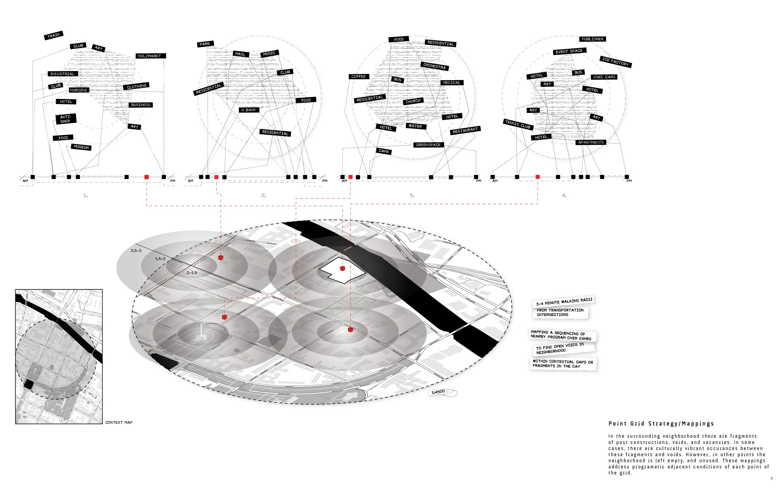 Diagram of a city neighborhood with various maps, grids, and data visualizations showing transportation and land use patterns.