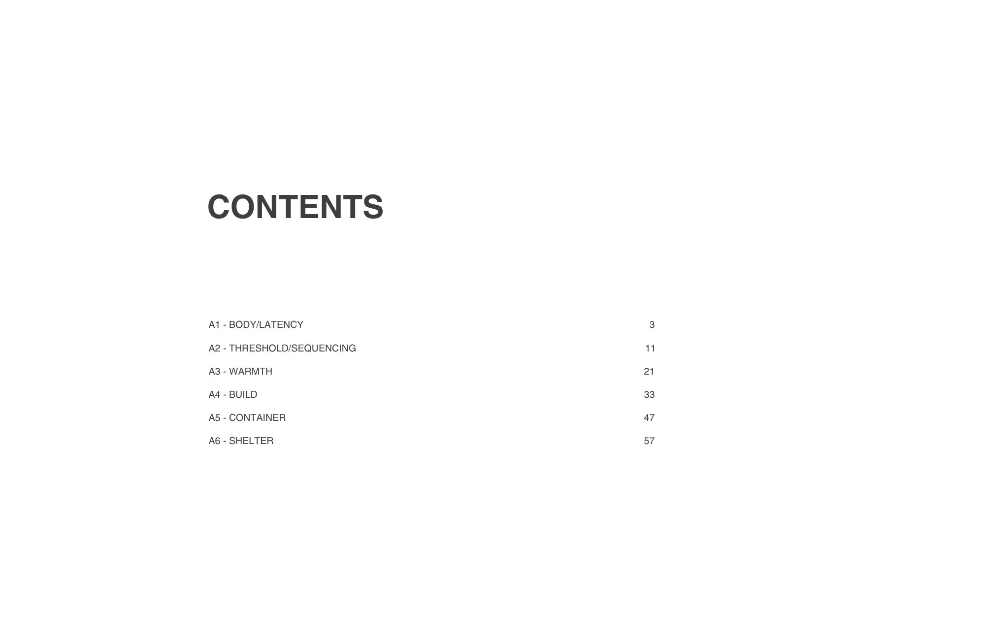 Table of contents page from a document, listing sections including Body/Latency, Threshold/Sequencing, Warmth, Build, Container, and Shelter with corresponding page numbers.