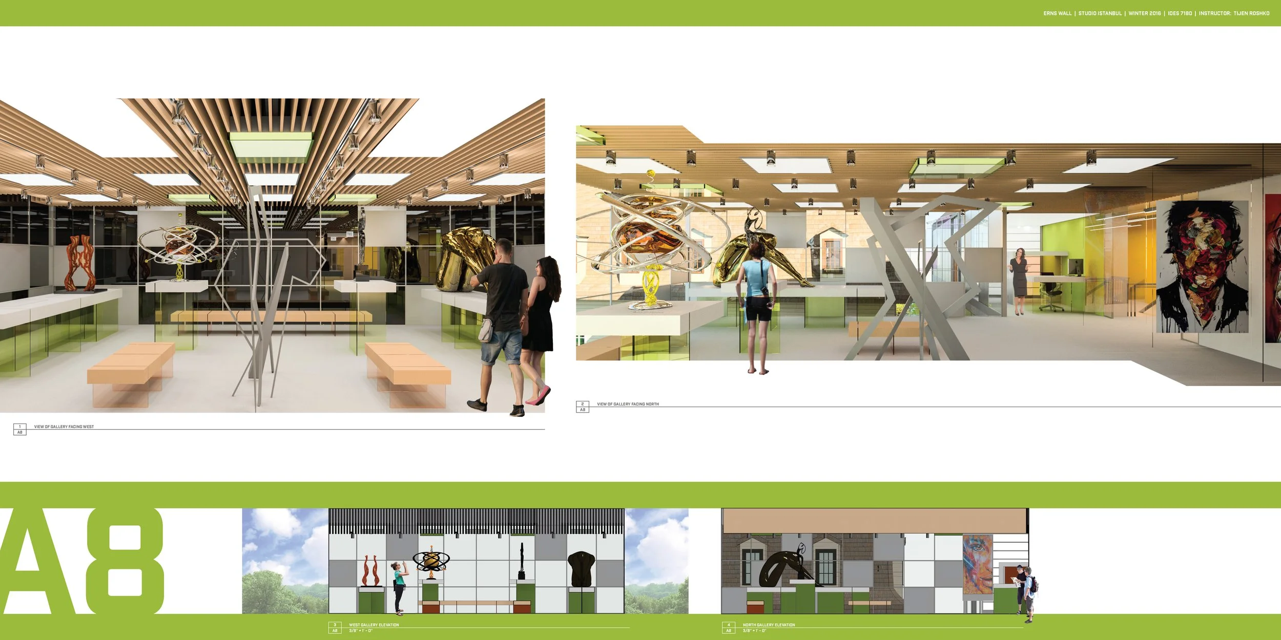 Rendering of an art gallery interior with sculptures on display, visitors observing the artwork, modern design with wooden ceiling, and bright lighting.