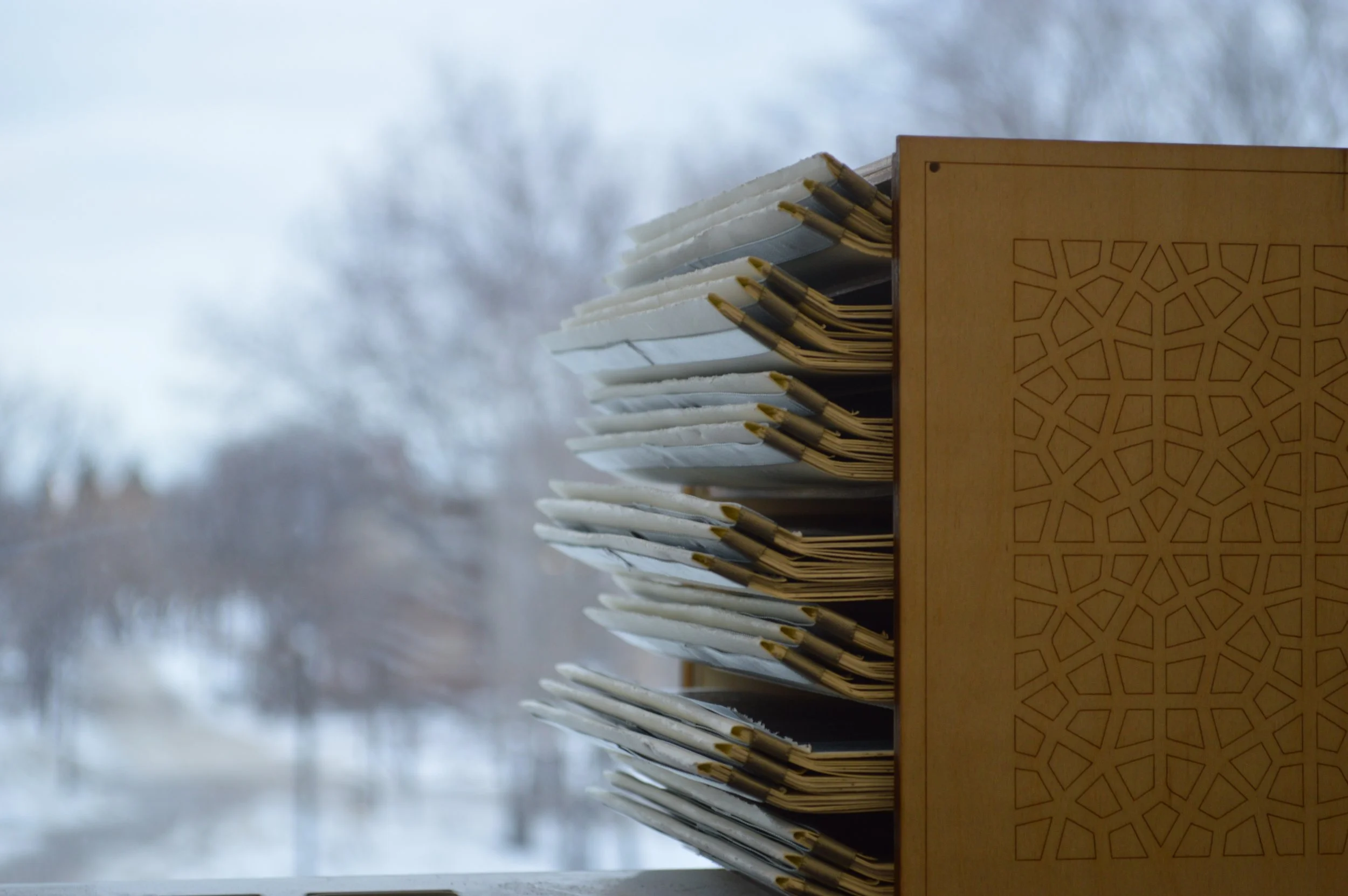 Close-up of a wooden bookshelf filled with stacked papers and files, with a blurred winter landscape of leafless trees in the background.
