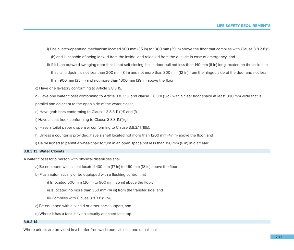 Section of a document titled 'Life Safety Requirements' with detailed specifications for emergency door mechanisms, lavatories, water closets, grab bars, coat hooks, toilet paper dispensers, shelves, and urinals in accessible facilities.