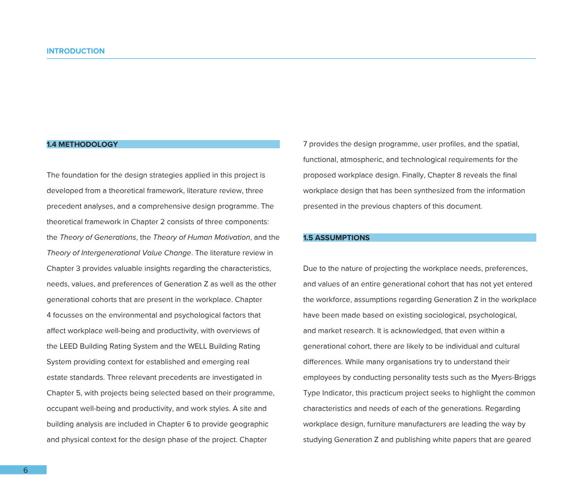 A digital screenshot of a document page, showing section titles '1.4 METHODOLOGY' and '1.5 ASSUMPTIONS' with detailed text below each heading.