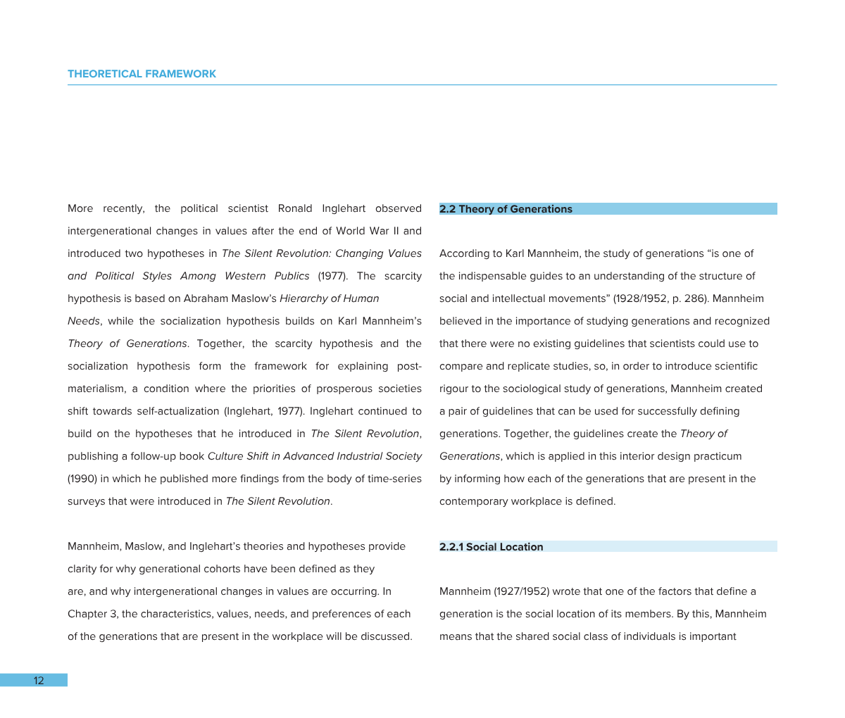 Open book or report with text on theoretical framework, discussing theory of generations, social location, and intergenerational changes.