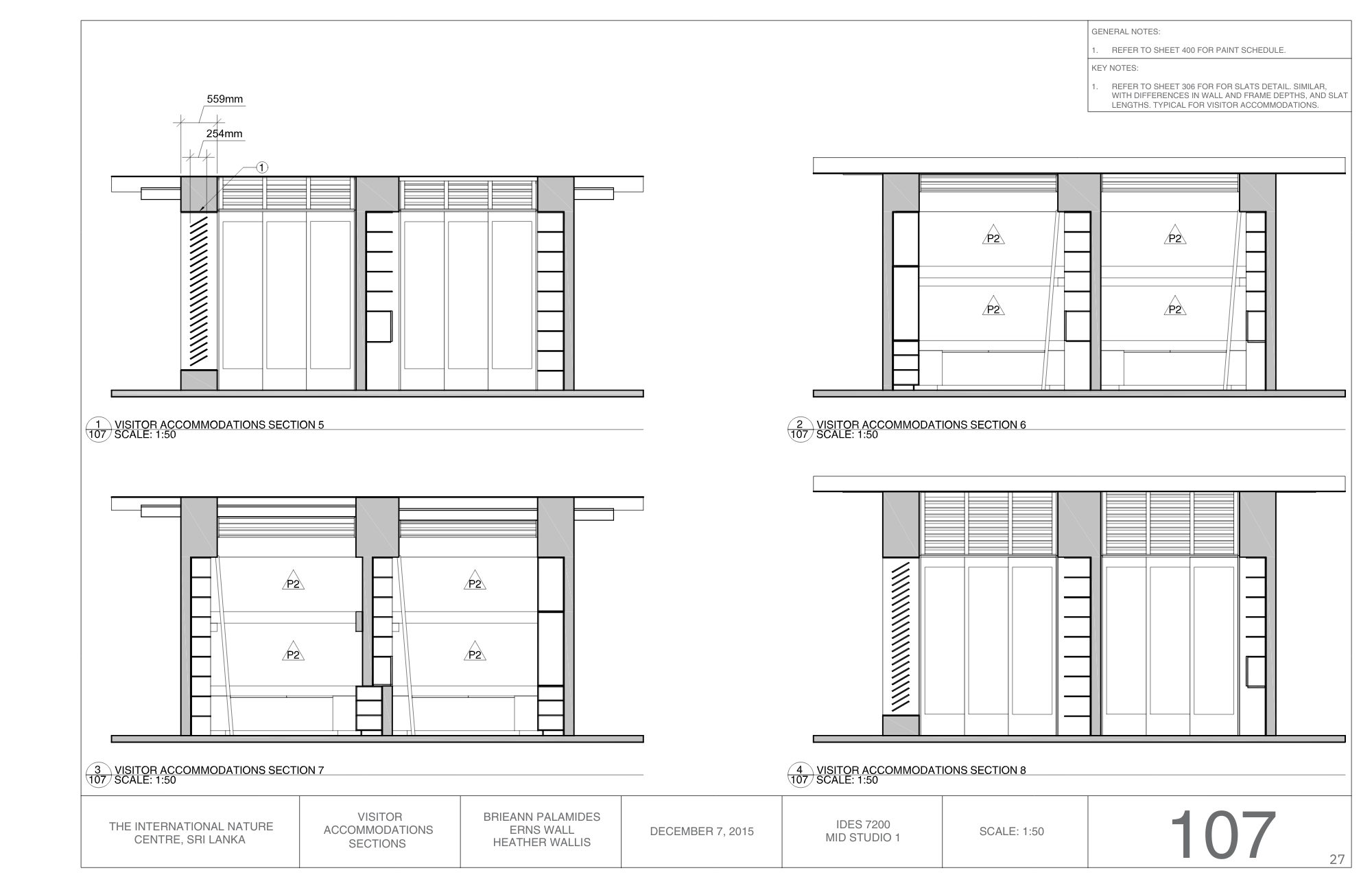 Architectural drawing of visitor accommodations sections for The International Nature Centre in Sri Lanka, showing different wall and door details with measurements.