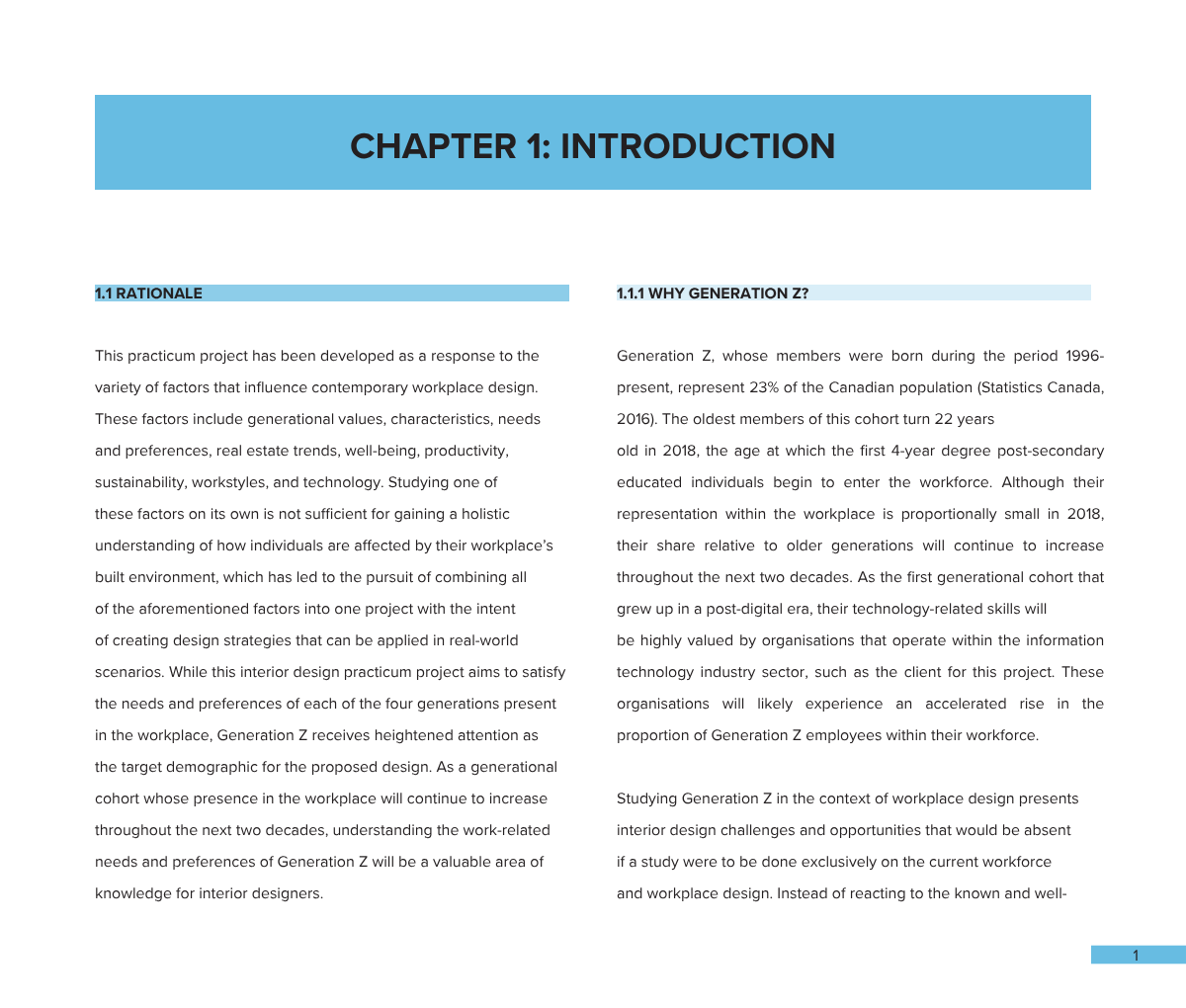 Open book or report with chapter 1 titled 'Introduction' in bold, with text discussing workplace design factors, Generation Z demographics, and interior design challenges.