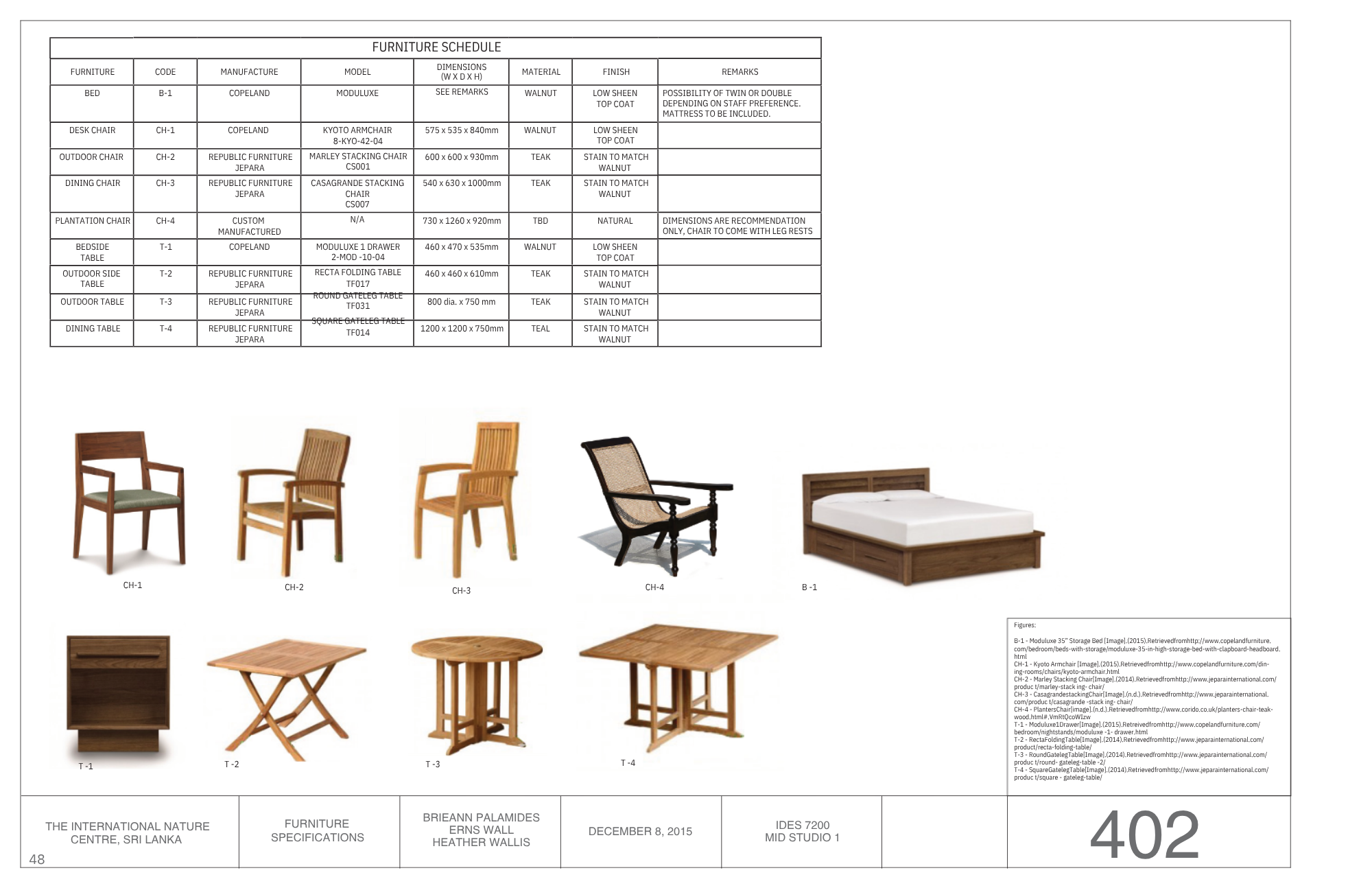 Catalog page showing furniture design and specifications, including various chairs and tables, with a table of detailed information at the top and images of furniture items at the bottom.
