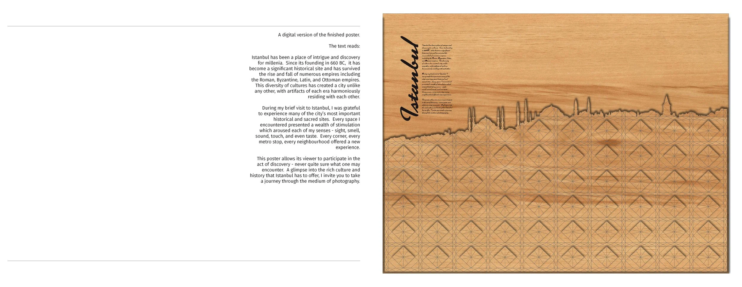 A two-page poster with a text section on the left and a graphic of Istanbul's skyline on the right. The skyline is depicted with a wood texture background and geometric overlays, with the word "Istanbul" written vertically on the left side of the gra