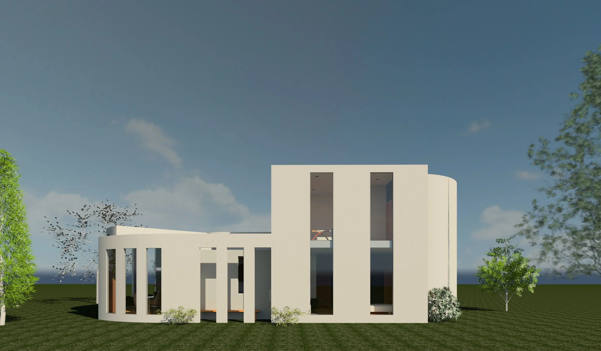 Modern minimalist white building with multiple vertical rectangular windows, surrounded by green trees and a grassy lawn, under a partly cloudy sky.