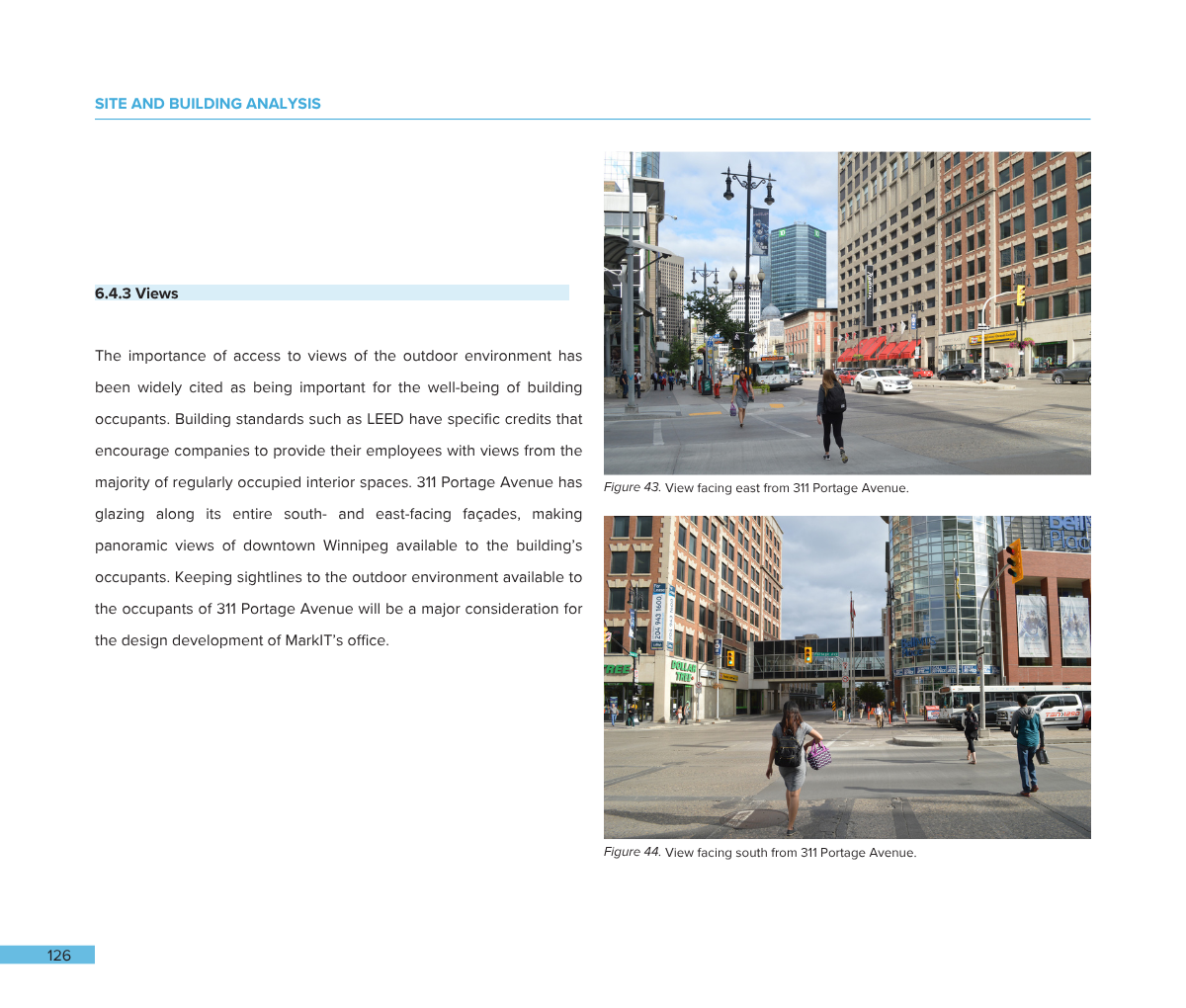 Photograph of a busy city street with tall buildings, pedestrians crossing the street, and traffic lights. The scene depicts downtown Winnipeg from 311 Portage Avenue with a mix of modern and older architecture.