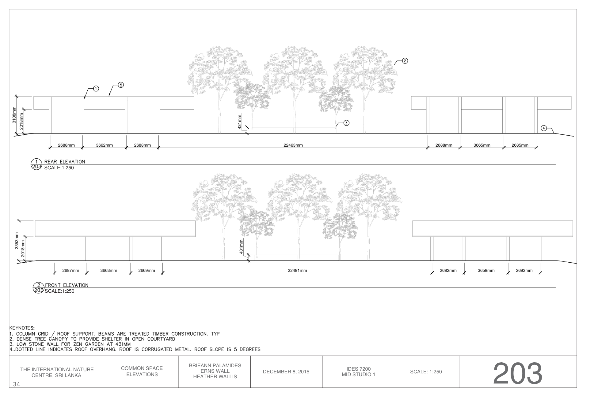Architectural elevation drawing of a building with trees in the background, including measurements and construction notes.