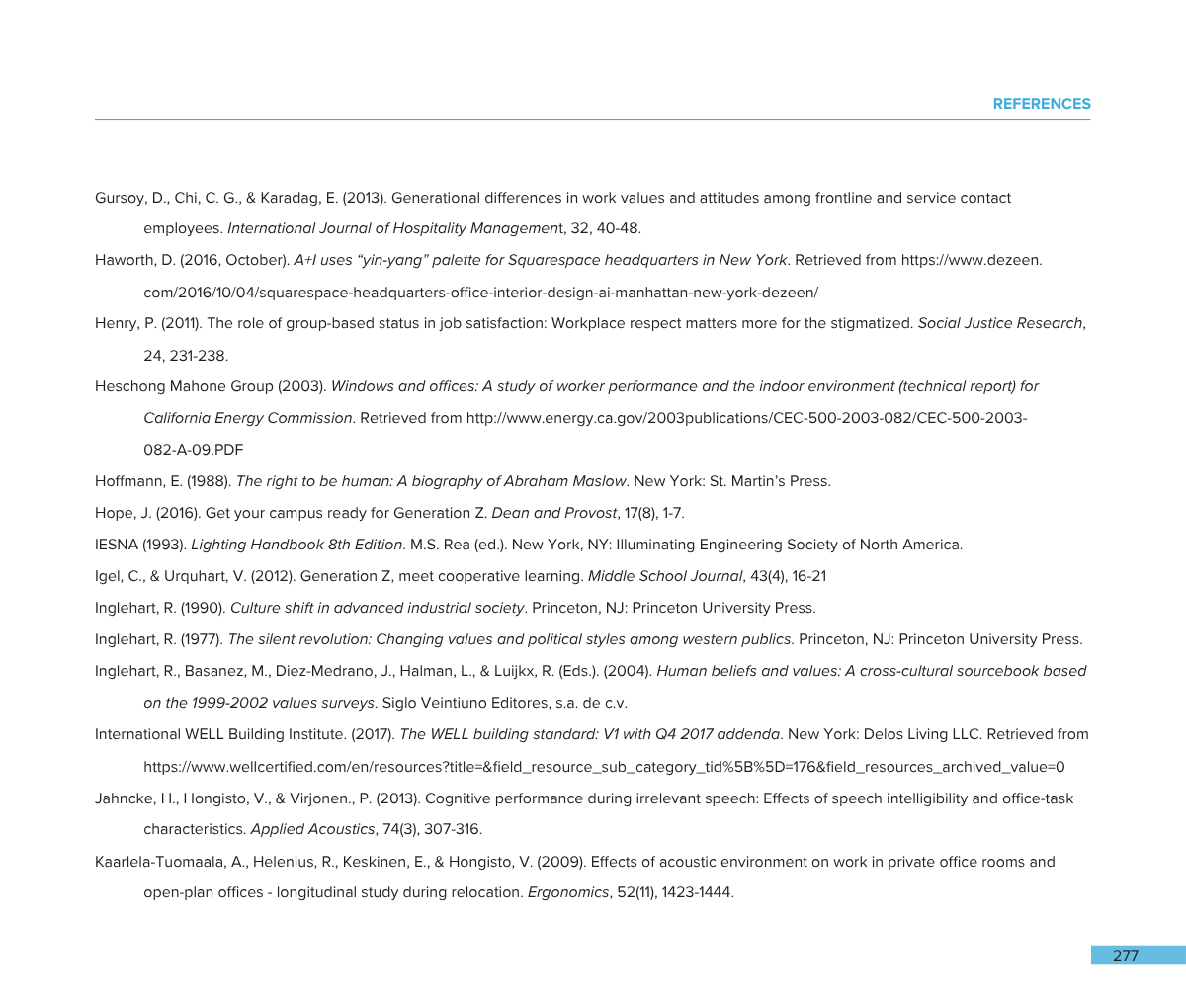 A page of academic references in APA format, with a header titled 'REFERENCES' and a page number 277 at the bottom right corner.