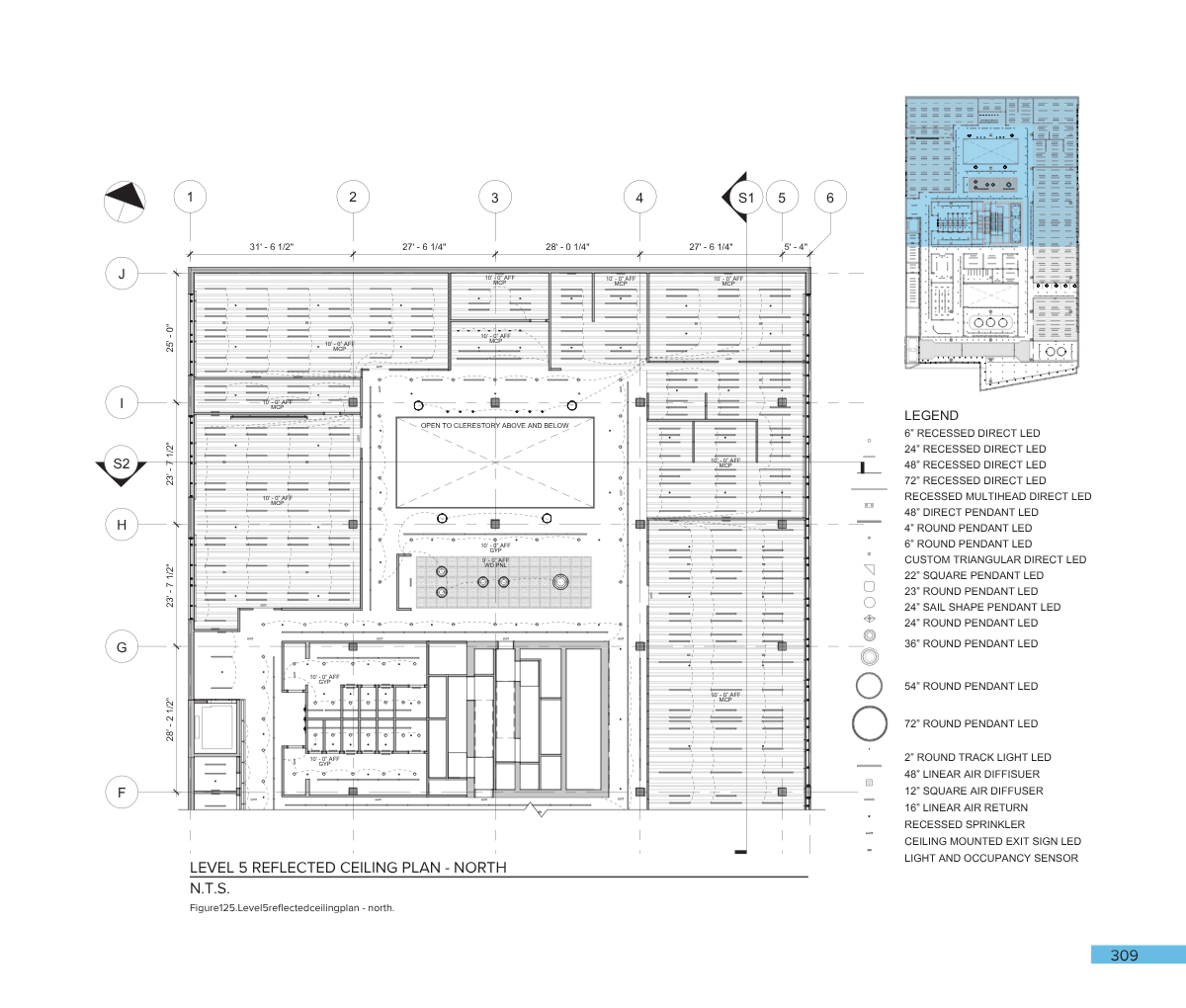 Architectural ceiling plan for Level 5 with lighting, diffusers, and other fixtures marked, including legend for various LED and pendant lights, air diffusers, and sensors.