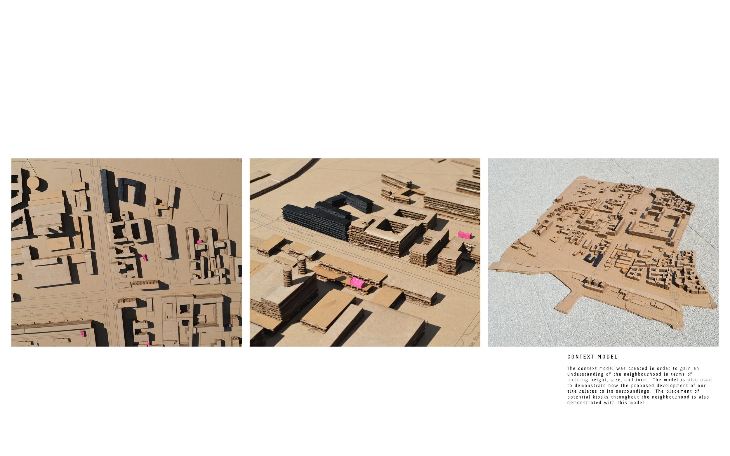 Three different architectural models of urban neighborhoods made of cardboard, showing building layouts, street plans, and urban design concepts.