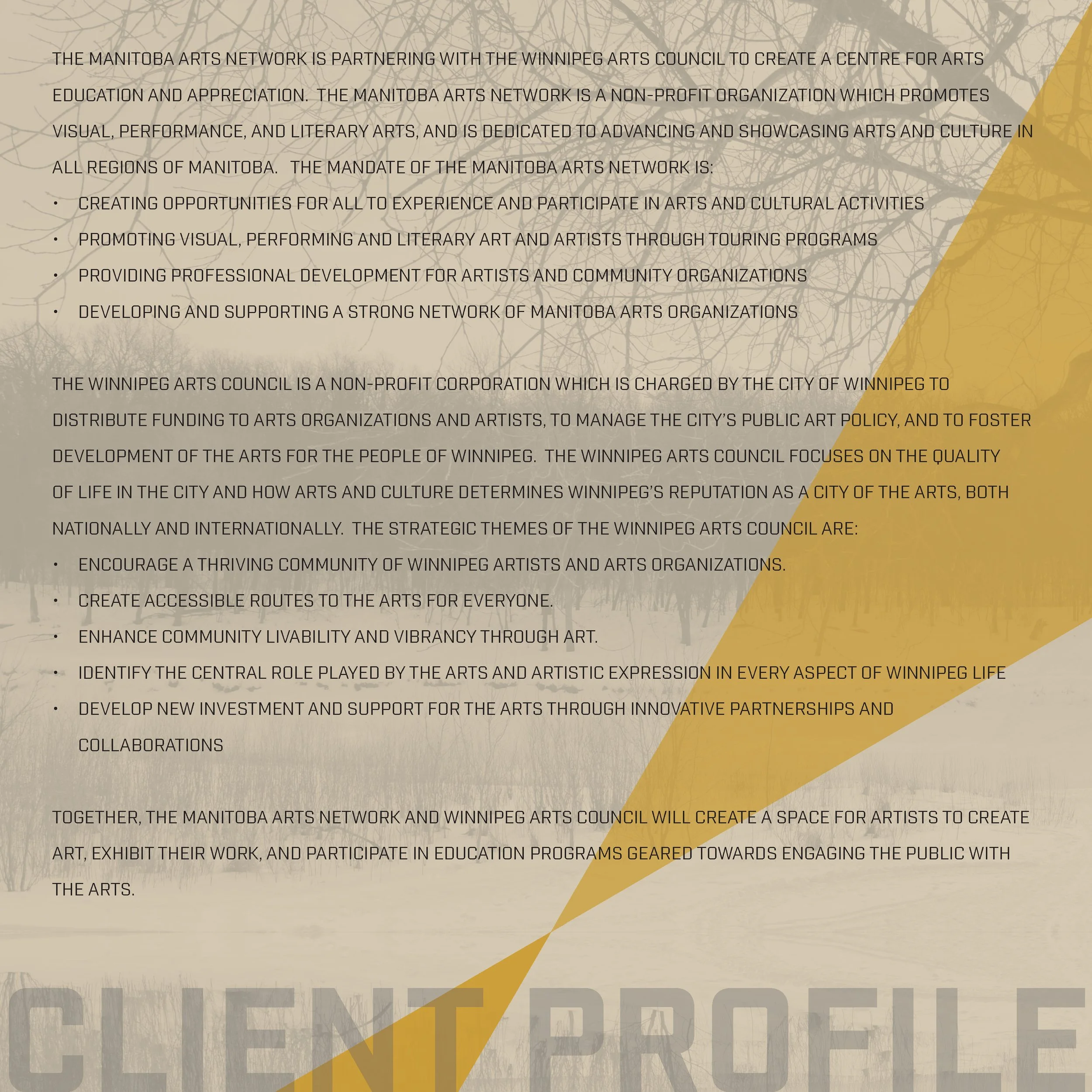 Text about the Manitoba Arts Network and the Winnipeg Arts Council with a background of leafless tree branches and a yellow geometric shape.