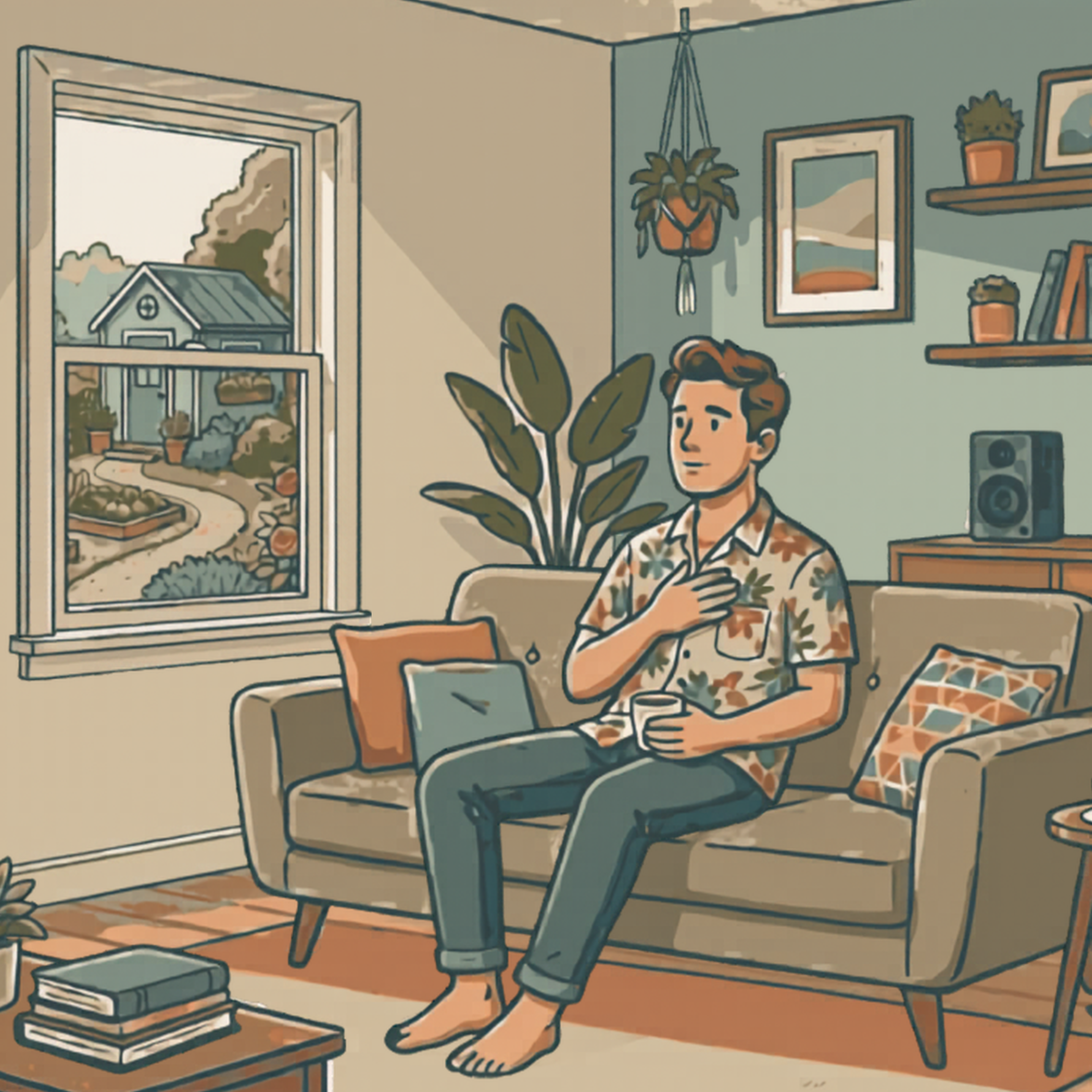 A drawing of a person sitting at a wooden table, reading a book, with a lively indoor background featuring plants, framed pictures, and a door leading to an outdoor scene with a house and trees.