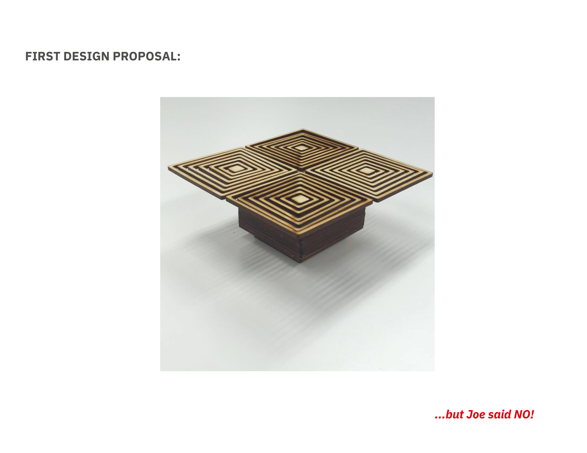 A board game with a black and beige maze design on four square sections connected at the edges, placed on a light gray surface. Text in the bottom right corner reads '...but Joe said NO!'