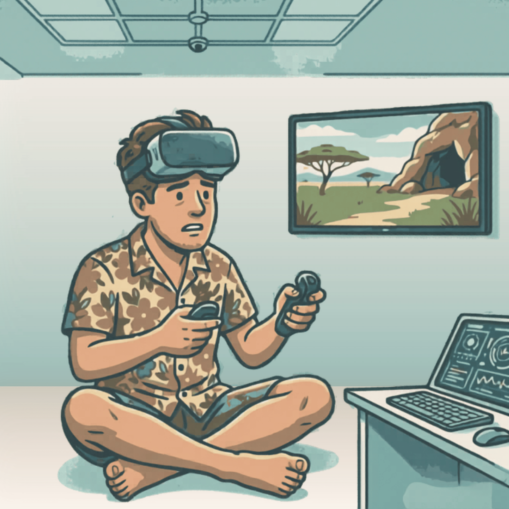 A cartoon image of a person sitting cross-legged at a desk, wearing a virtual reality headset and holding a controller, with a computer monitor displaying a landscape scene with trees and rocks nearby.