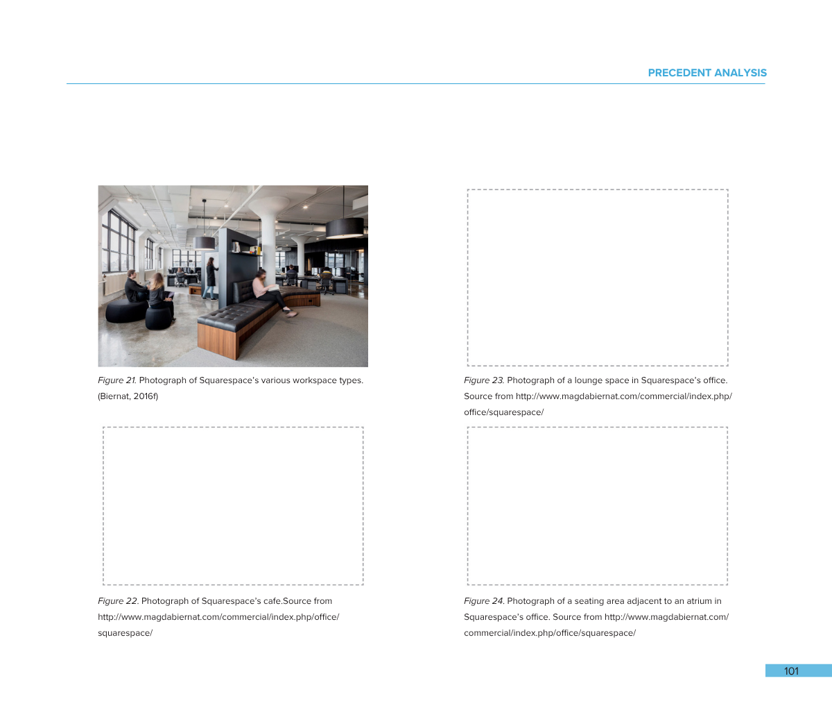 Photograph of Squarespace's various workspace types featuring modern office interiors with open layouts, large windows, casual seating, and workstations.