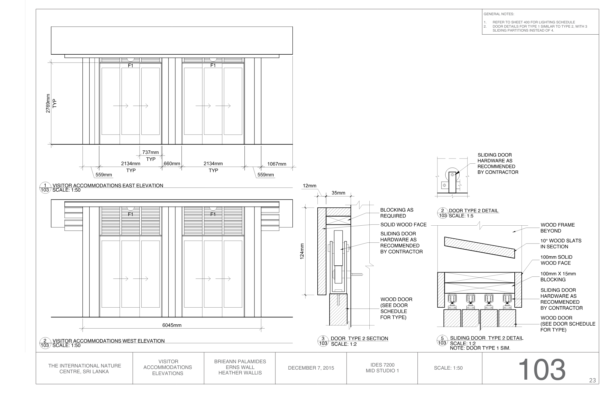 Architectural drawing of elevator doors and wall details, with measurements and annotations, for a visitor accommodation building.