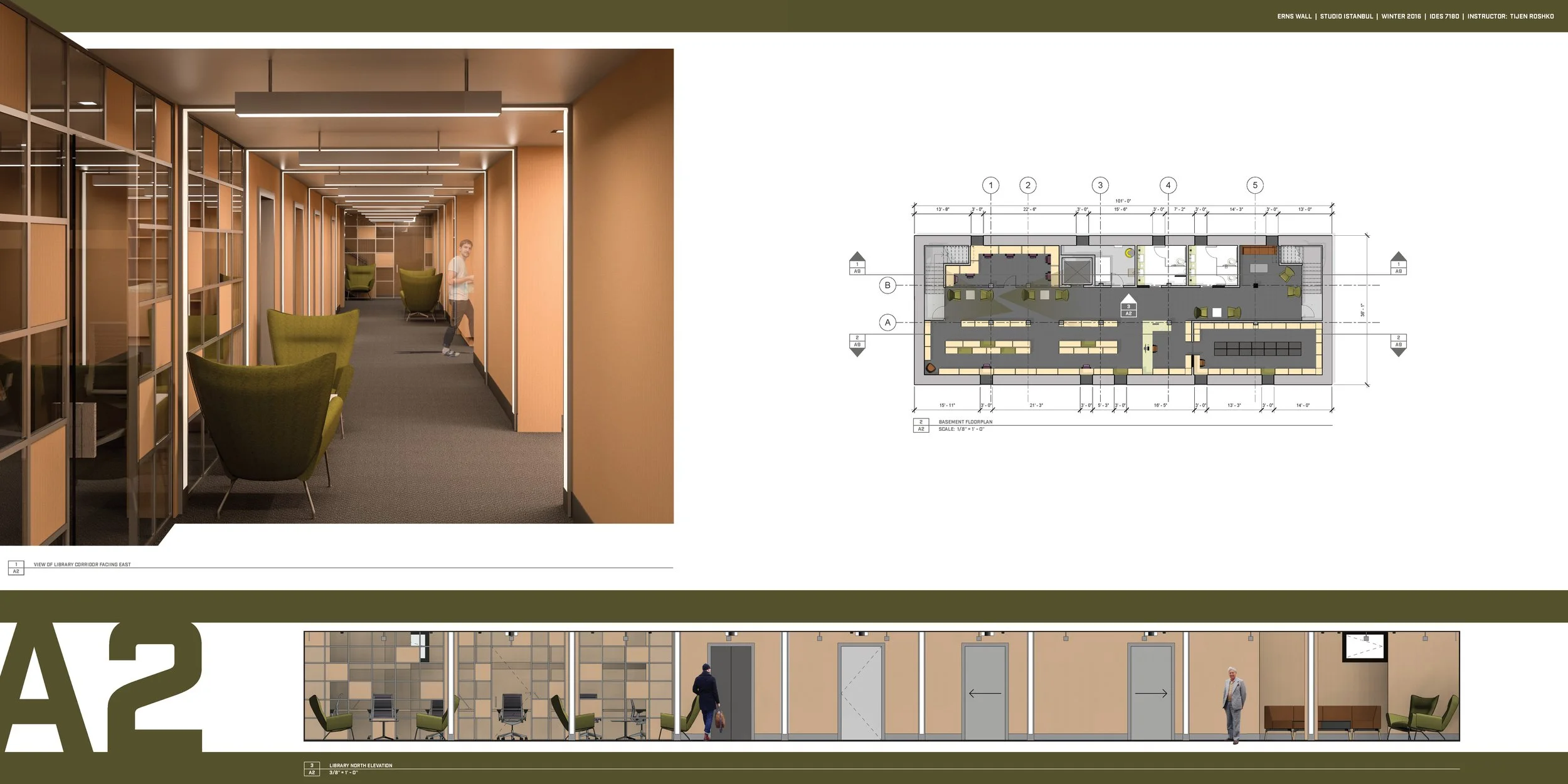 A rendering of a modern interior library space with orange walls, green chairs, and a passageway with styling lighting on the ceiling. Next is a detailed floor plan of the basement floor showing the layout of the space with furniture and structural e