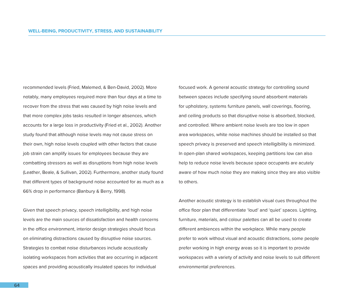 Page 64 of a document discussing well-being, productivity, stress, and sustainability in the office environment, with text in two columns.