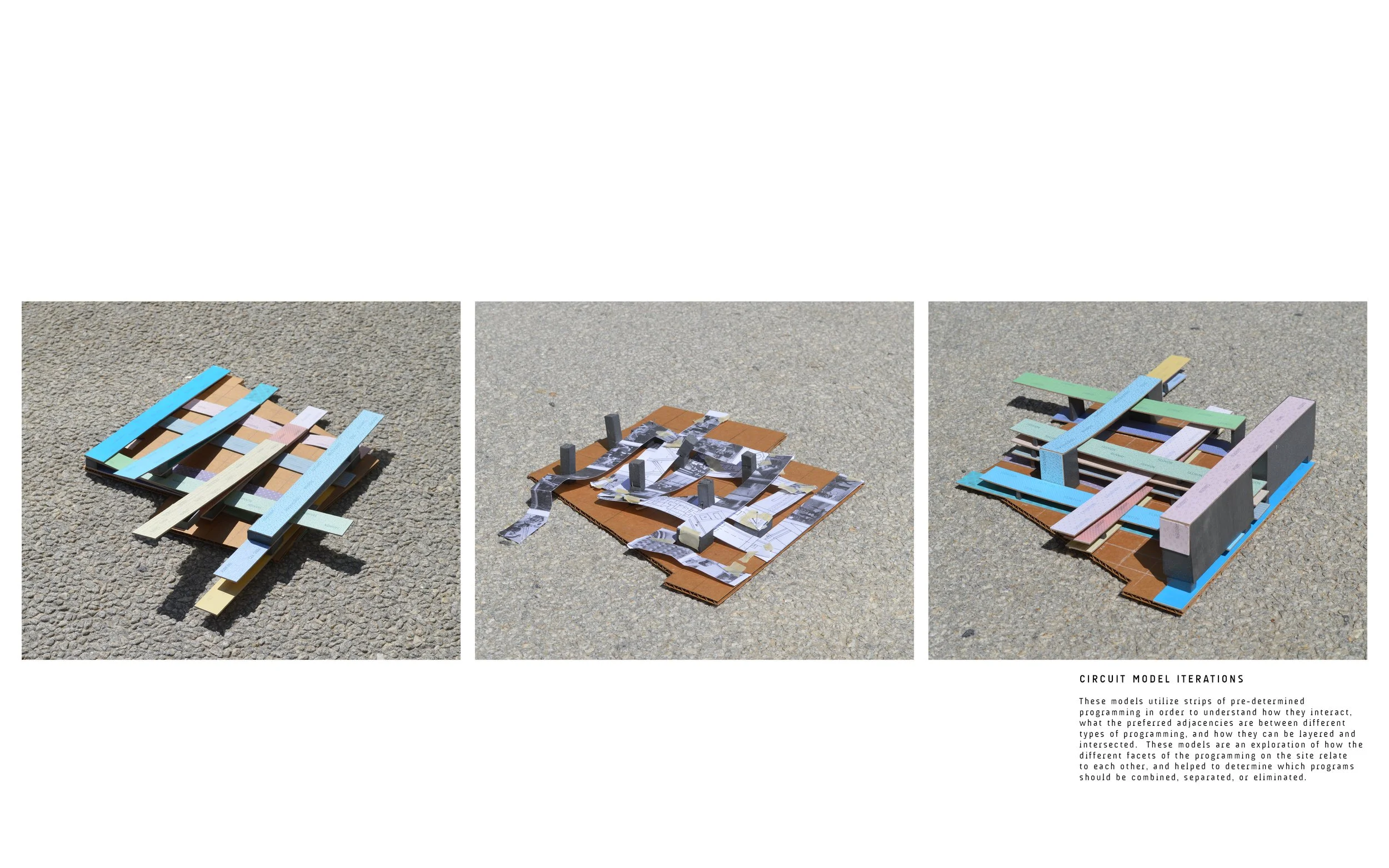 Three models of circuit board prototypes displayed outdoors on a concrete surface, showing different configurations of interconnected strips and components. The models illustrate how different programming approaches affect circuit design and interact