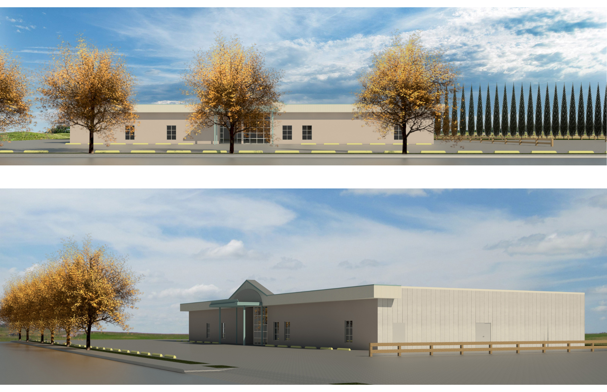 Artist's rendering of a modern building with tall trees and a parking lot under a blue sky with clouds.
