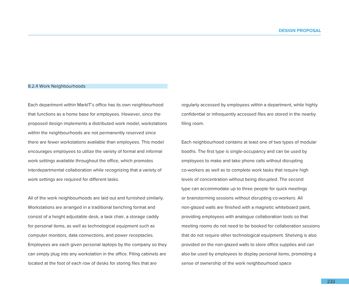 A document page titled 'Design Proposal' with section 8.2.4 'Work Neighbourhoods' describing office layout, workstations, and collaboration spaces.