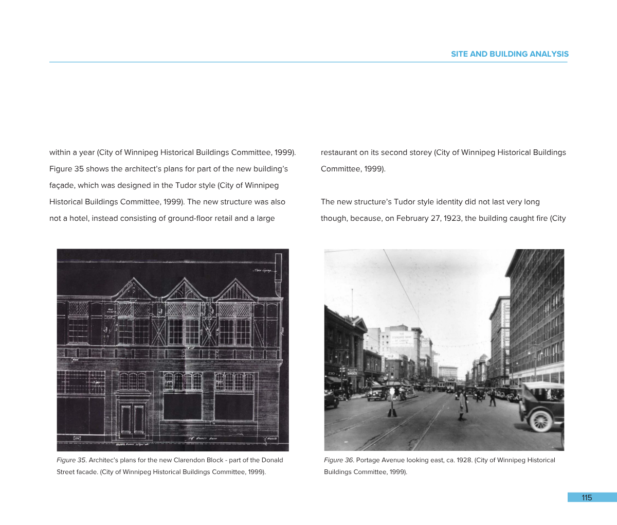Black and white architectural blueprint of the Clarendon Block, part of Donald Street facade, with street view of Portage Avenue looking east, ca. 1928, showing cars and pedestrians.