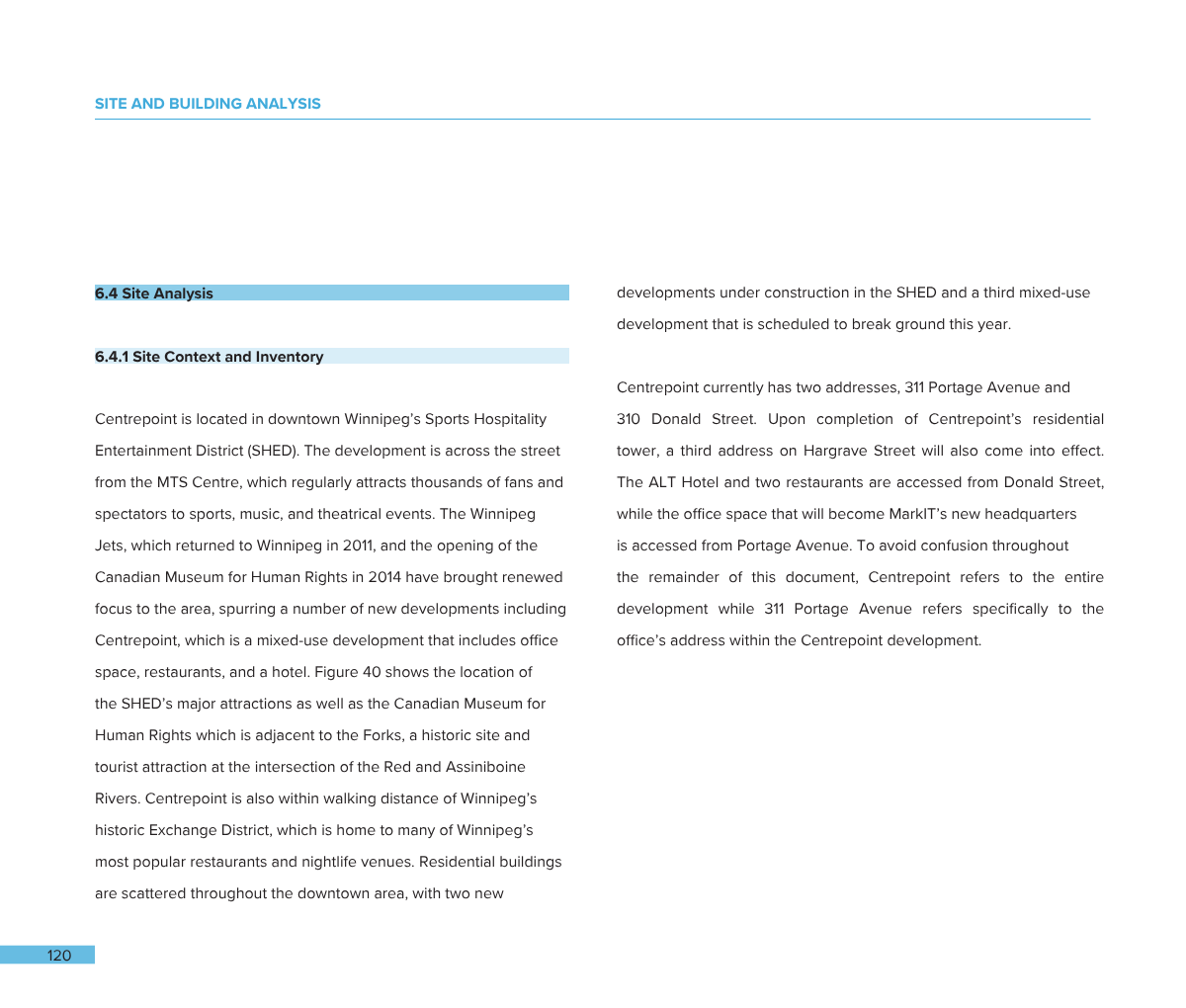 Page from a document titled 'Site and Building Analysis' with section headings '6.4 Site Analysis' and '6.4.1 Site Context and Inventory' and detailed text about Winnipeg's sports hospitality district, development projects, and local landmarks.