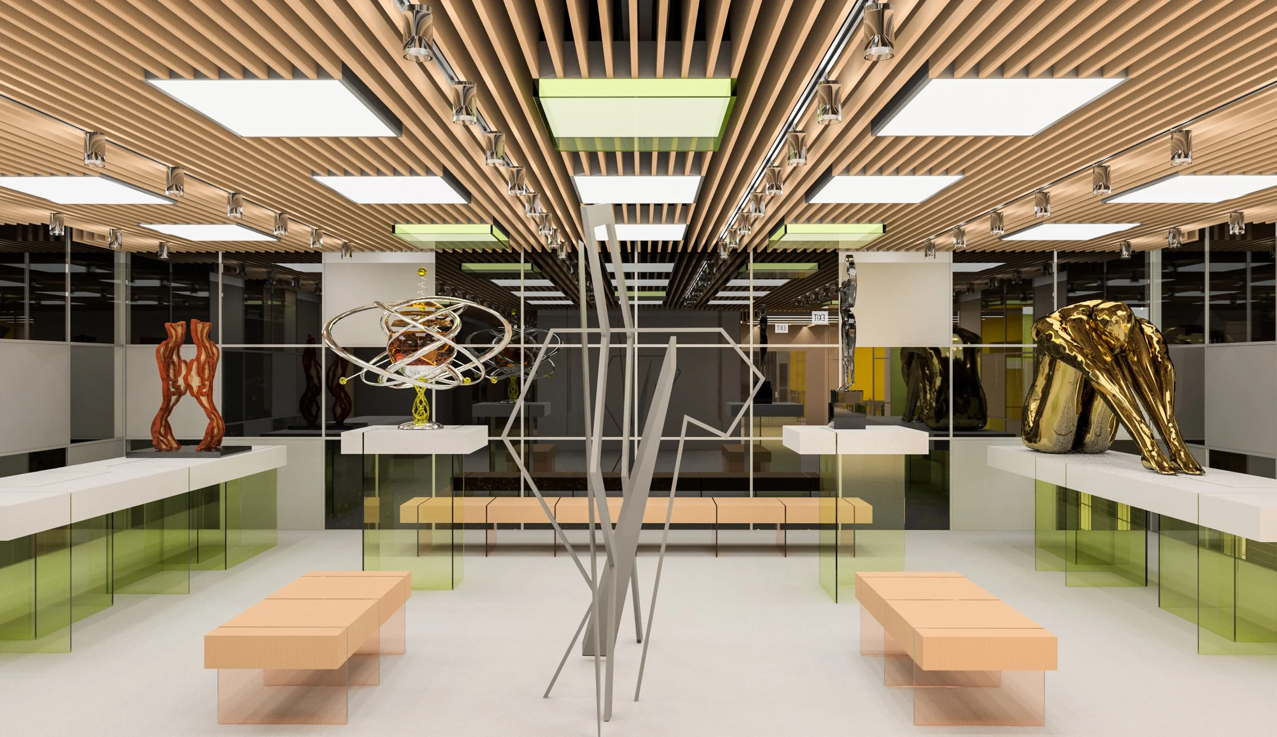 Modern art gallery with sculptures displayed on white tables, featuring abstract designs and gold finish, with a wooden slat ceiling and glass walls.