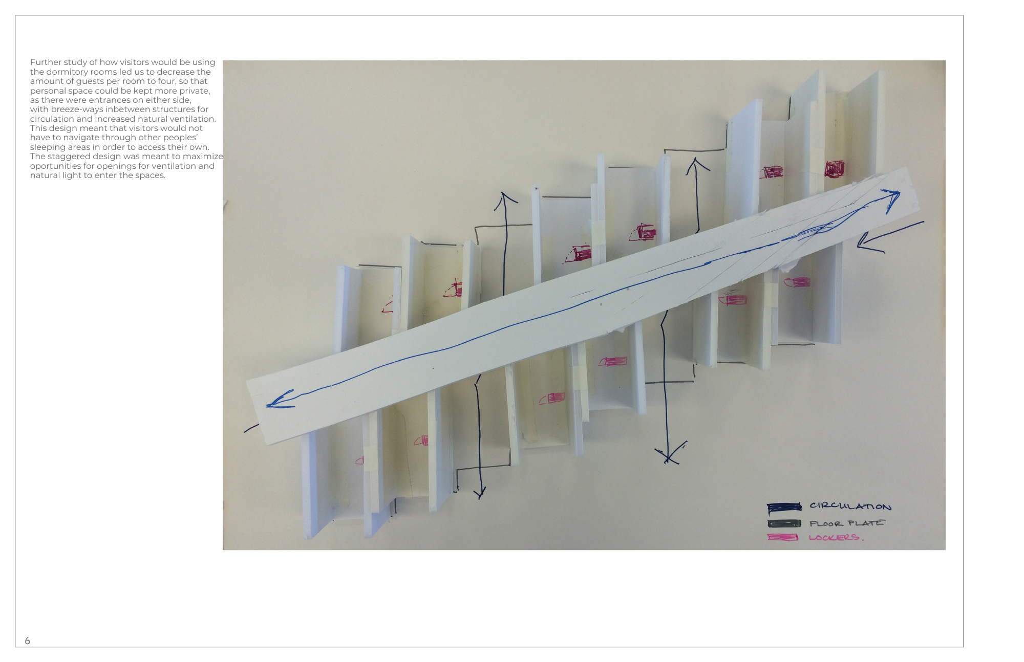 Physical layout design of a multi-level storage area with stairs, lockers, and pathways, including handwritten annotations and color-coded labels for circulation, floor plates, lockers, and staircases.