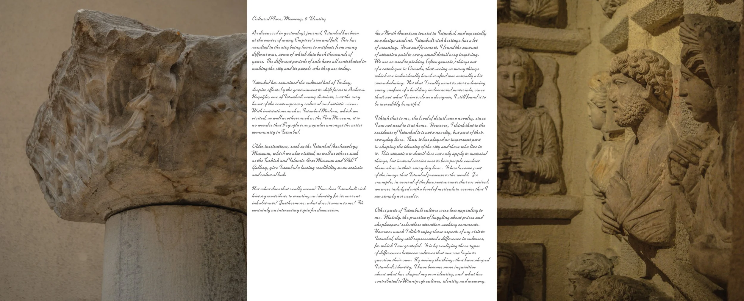 Photograph of ancient stone carvings and sculptures in a museum, with a sheet of paper with handwritten text overlaying parts of the artwork.