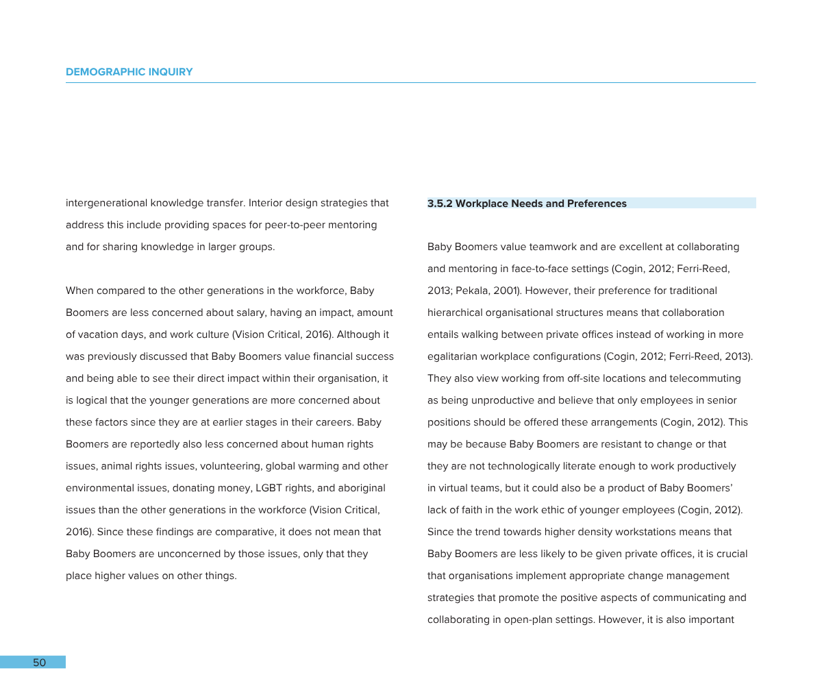 Two-page document with text discussing demographic inquiry, workplace needs, and preferences among Baby Boomers, with page number 50 at the bottom.