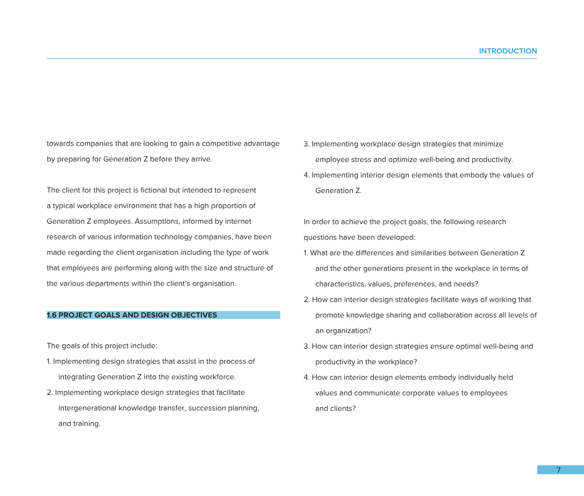 A scanned page from a report or presentation, featuring an introduction and section heading titled '1.6 PROJECT GOALS AND DESIGN OBJECTIVES' with text detailing objectives related to workplace design strategies for Generation Z employees.