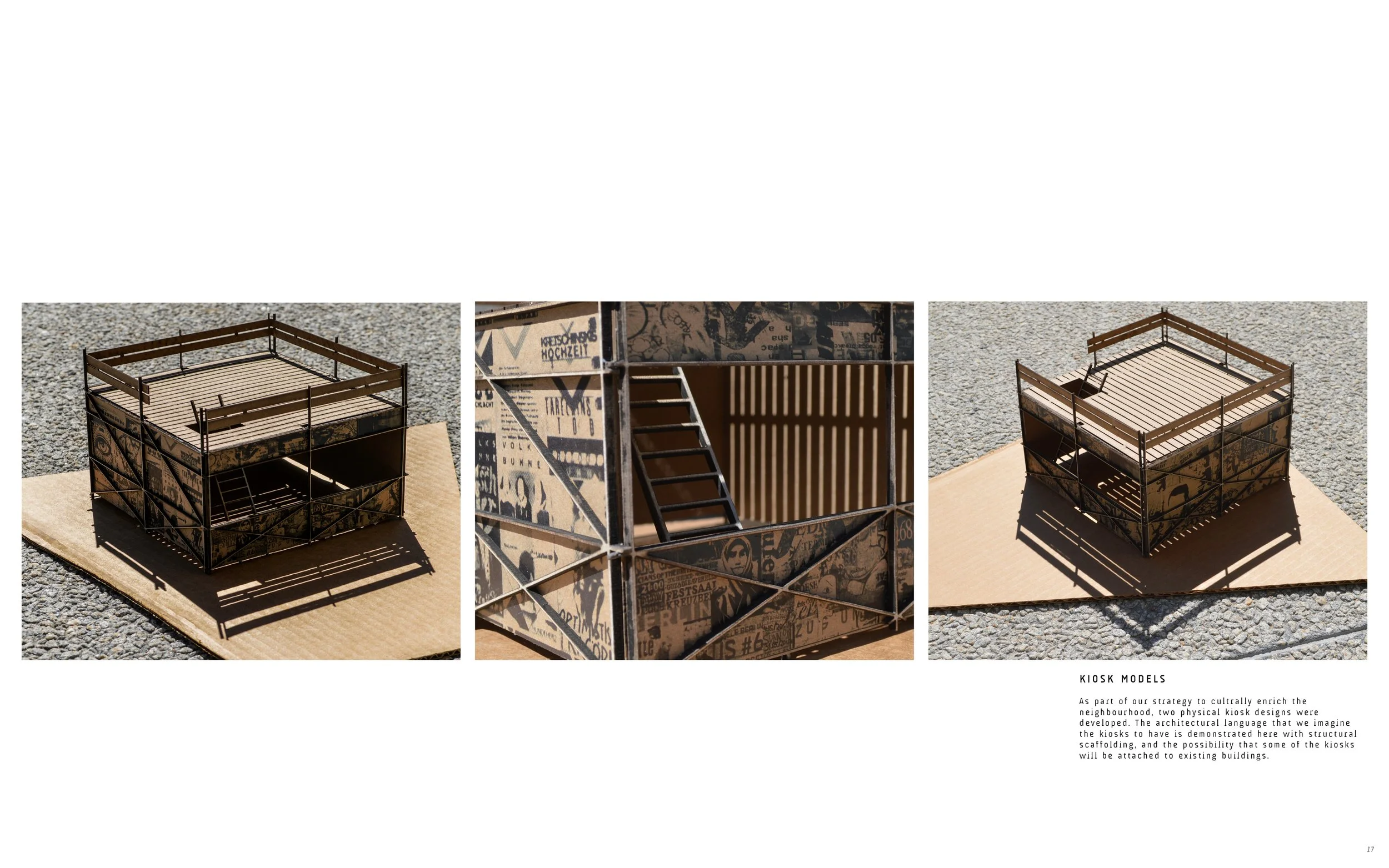 Three photos of a miniature kiosk model. The first and third photos show the model on a cardboard base outdoors with a gravel background, featuring a wooden deck, metal railings, and walls with printed graphics. The middle photo shows a close-up of t