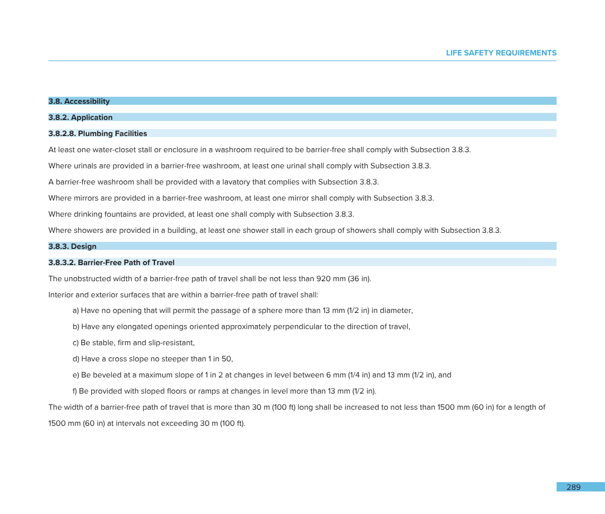 Page from a technical document titled 'Life Safety Requirements' discussing accessibility, application, plumbing facilities, and barrier-free path of travel for barrier-free washrooms, with specific standards for barrier-free paths, surfaces, and dim