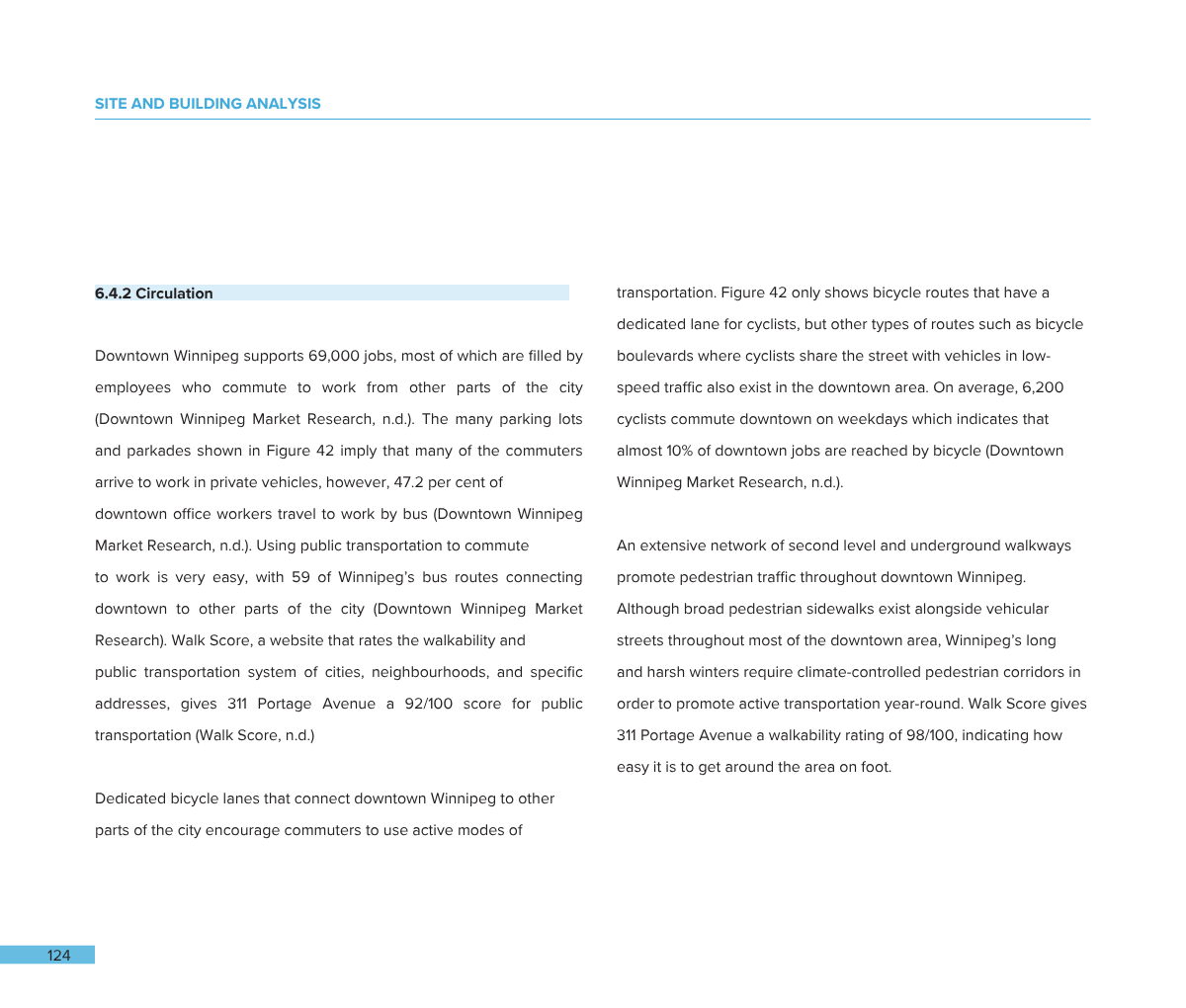 Page 124 of a report with the heading 'Site and Building Analysis'. Text about transportation, cycling routes, and walkability scores for downtown Winnipeg.