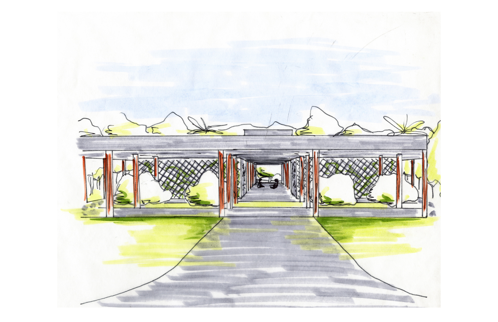 A colorful architectural sketch of a building with a pergola, lattice walls, and surrounding greenery, with a pathway leading to the entrance, and mountains in the background.