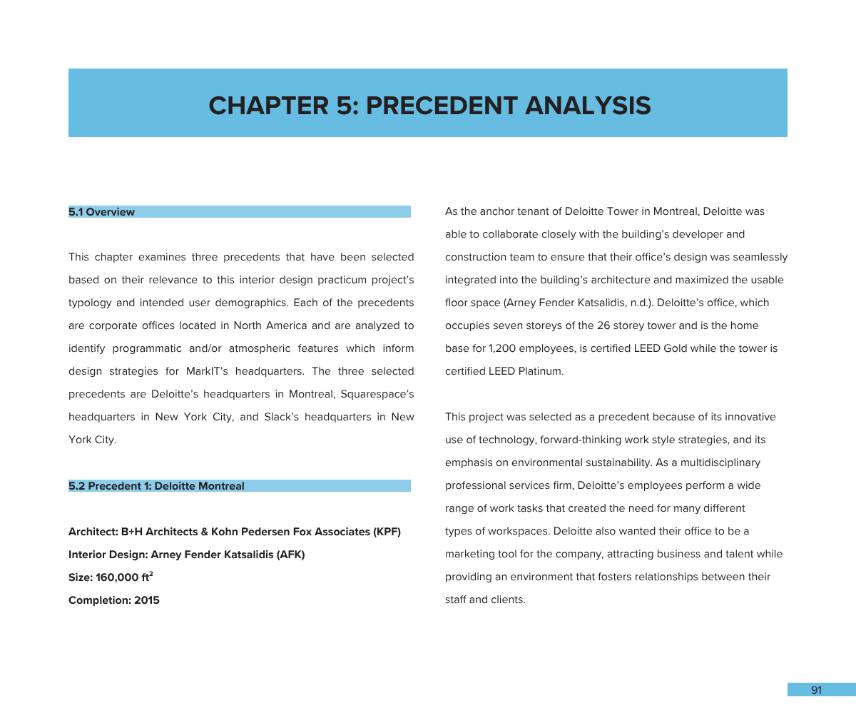 Open book or document page titled 'Chapter 5: Precedent Analysis' with text describing Deloitte's office project in Montreal, including details about architectural firms, design, size, and completion year, with references to related precedents in Nor