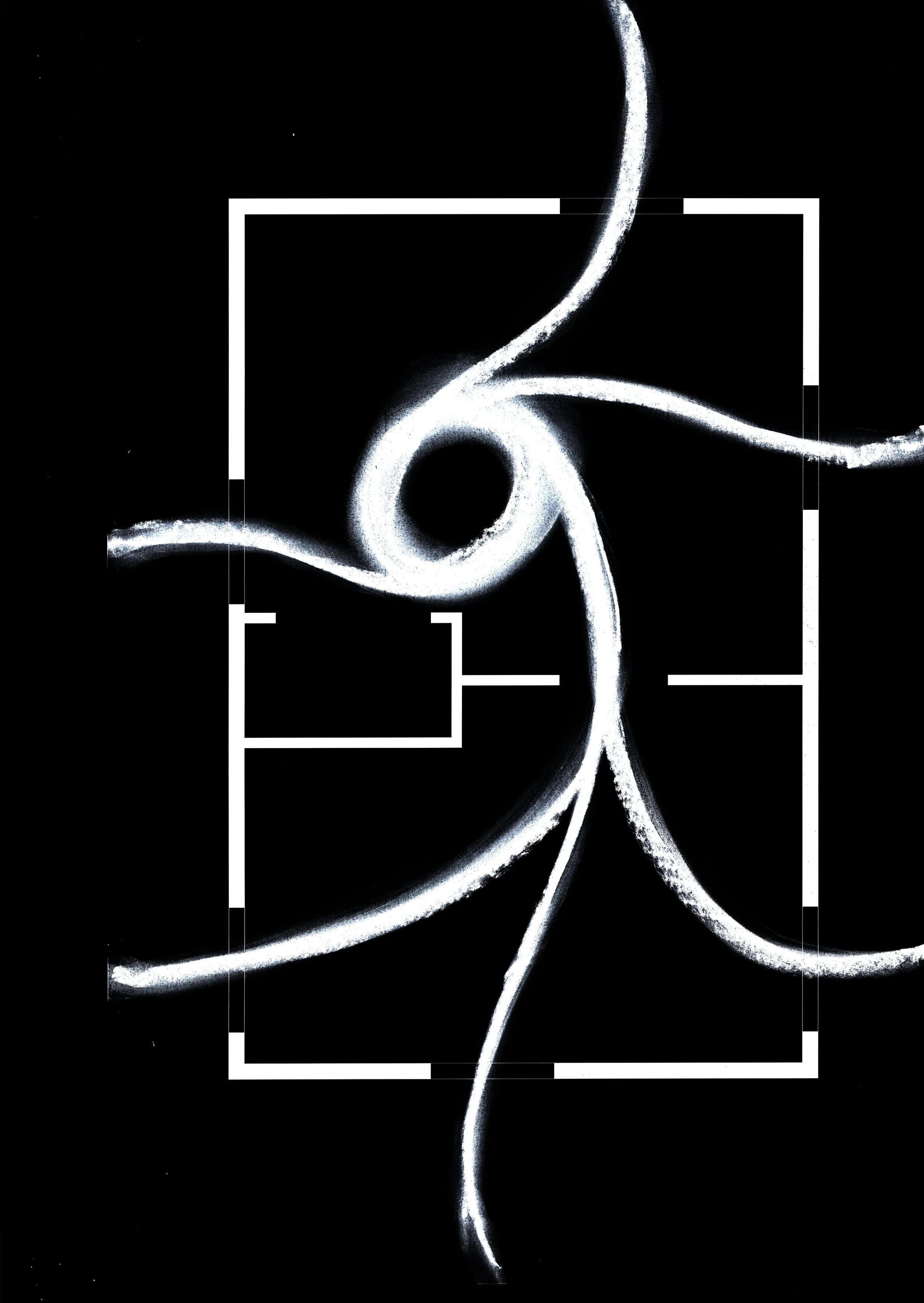 Close-up of illuminated white cursive writing on a black background, framed by white borders.