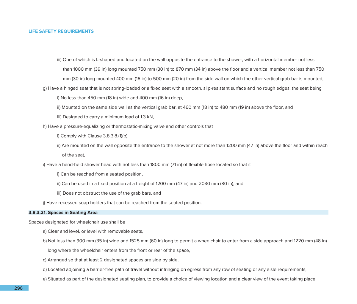 A page from a manual or document titled 'LIFE SAFETY REQUIREMENTS' with detailed technical specifications and guidelines for shower equipment and seating arrangements, including measurements and placement instructions.
