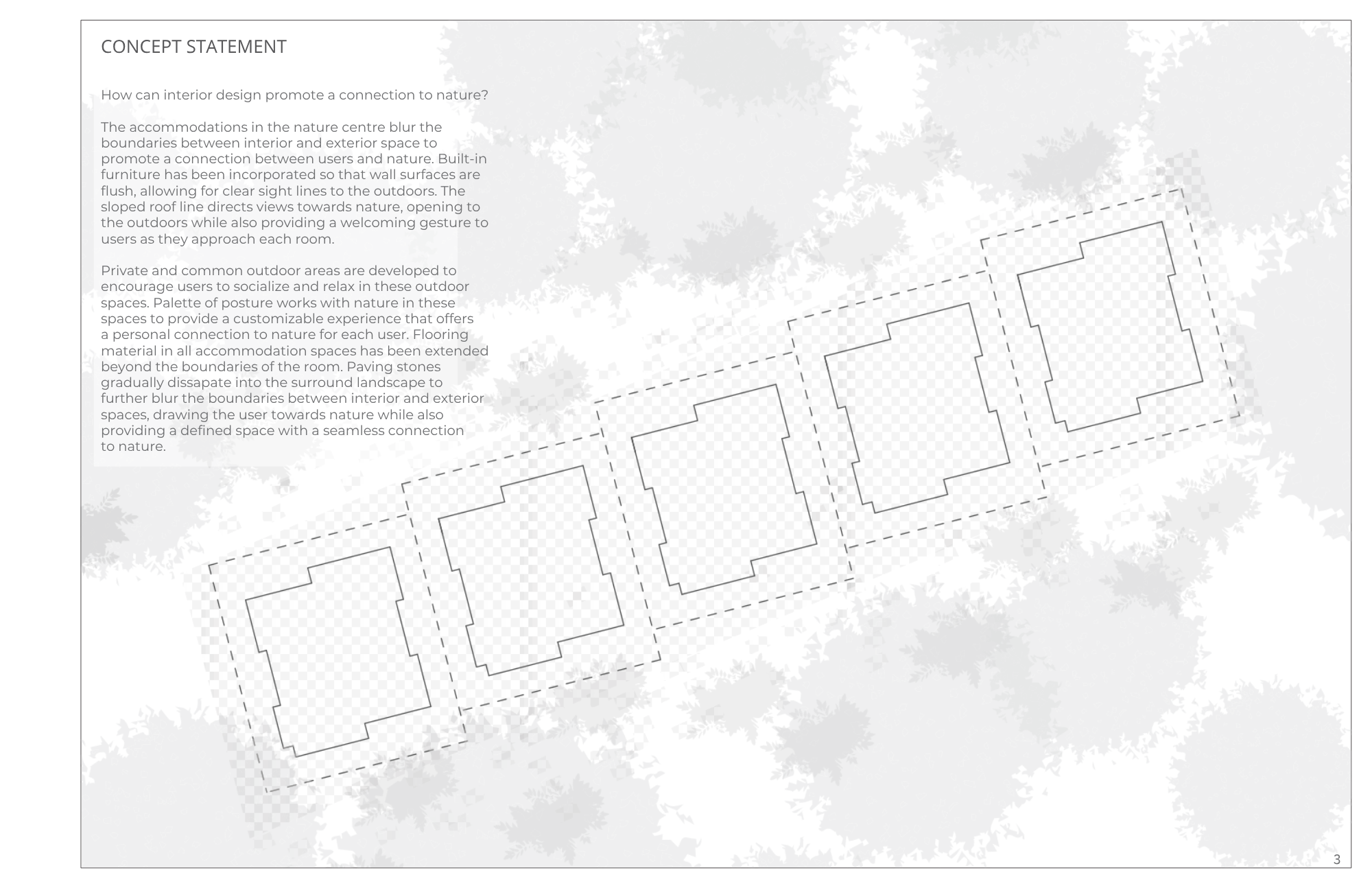 A conceptual diagram showing a layout for an outdoor and indoor space connected by design elements such as walls, a sloped roof, and pavers extending into a landscape. The text explains how interior design can promote a connection to nature by blurri