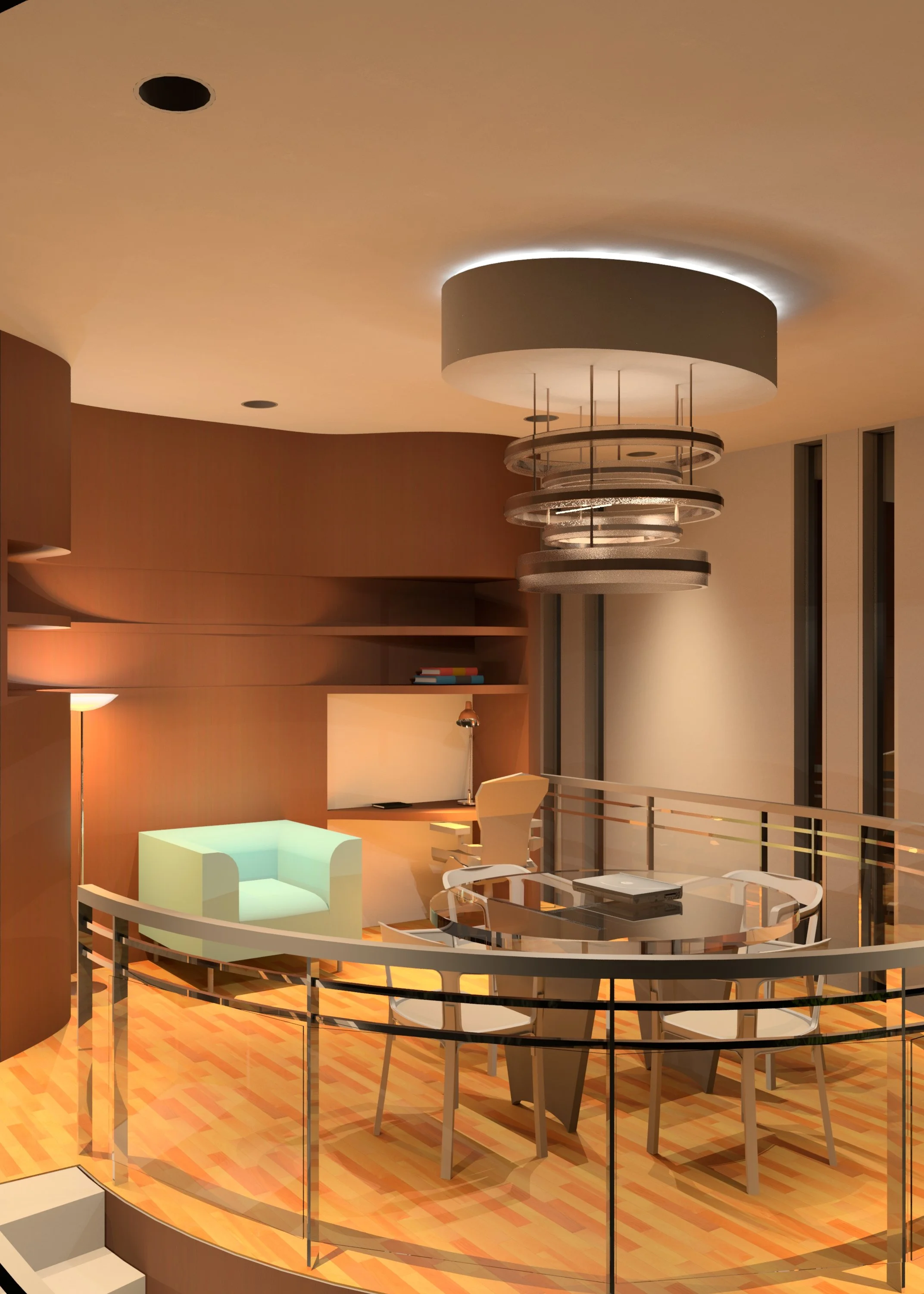 Modern interior space with a round glass table, an arched glass railing, a white chair, a green armchair, a standing lamp, and a ceiling light fixture with multiple circular rings.