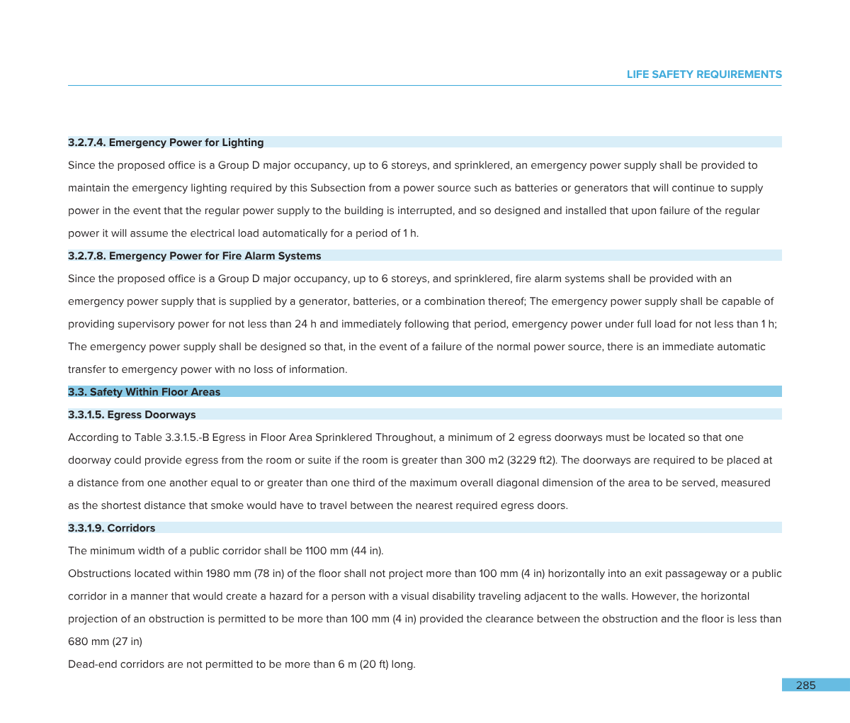 Page from a safety guidelines document showing sections on emergency power, fire alarm systems, floor area safety, egress doorways, and corridors.